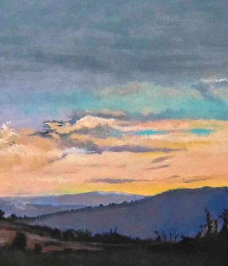 “Peimeinade Dusk”, peach and violet setting sun in Southern France - Painting by Howard Nathenson