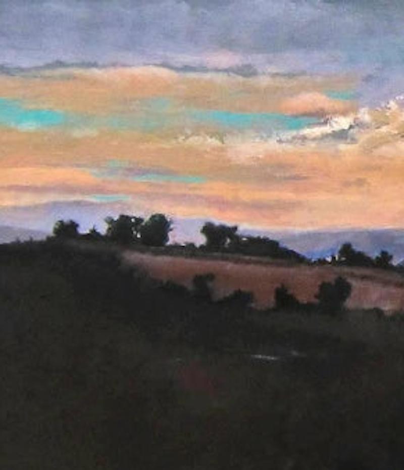 “Peimeinade Dusk”, peach and violet setting sun in Southern France - Contemporary Painting by Howard Nathenson