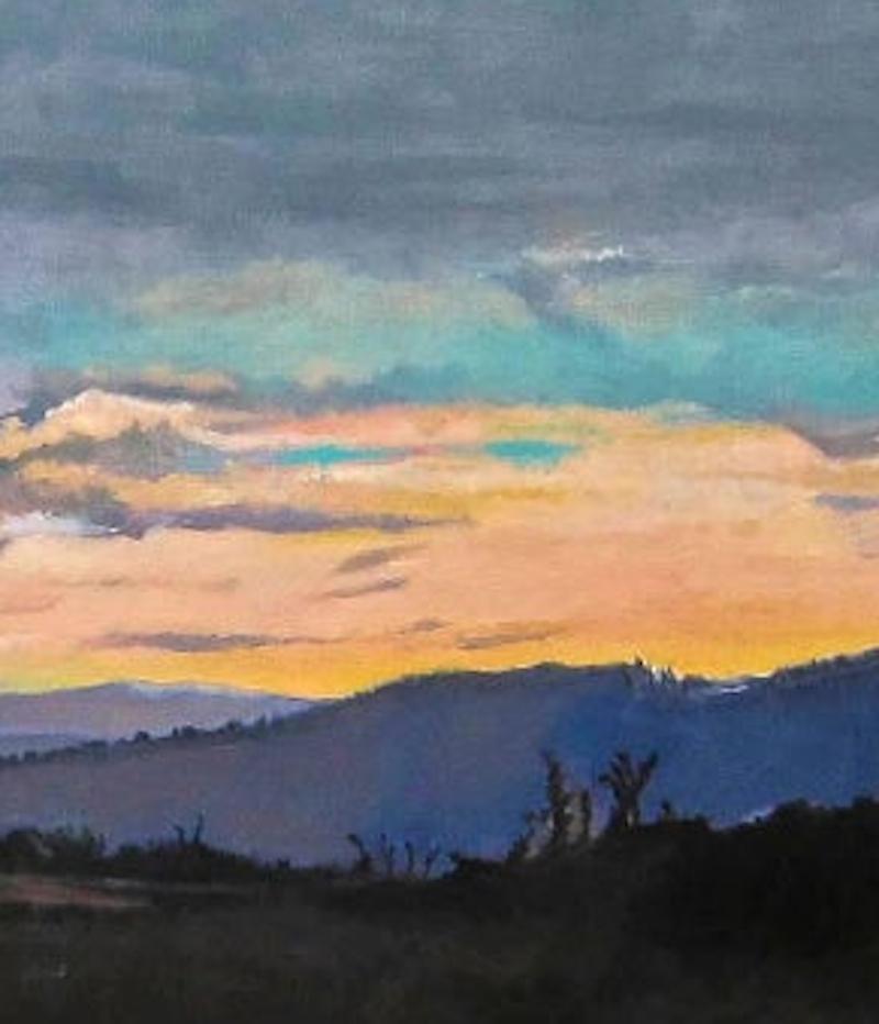 “Peimeinade Dusk”, peach and violet setting sun in Southern France - Black Landscape Painting by Howard Nathenson