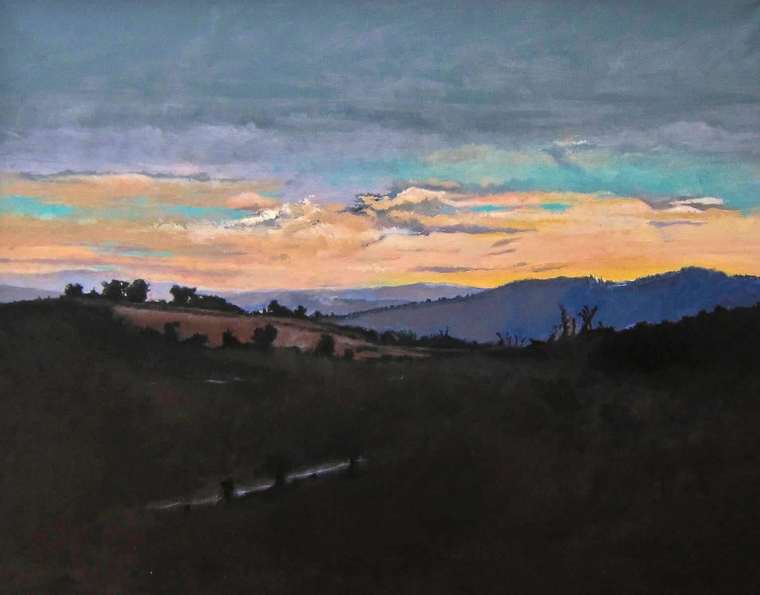 Howard Nathenson Landscape Painting - “Peimeinade Dusk”, peach and violet setting sun in Southern France