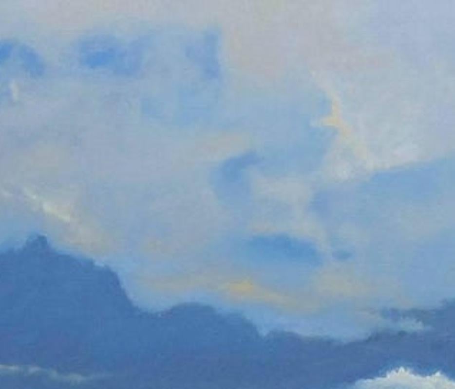 “Skylands”, swirling atmosphere in blues and white - Blue Landscape Painting by Howard Nathenson