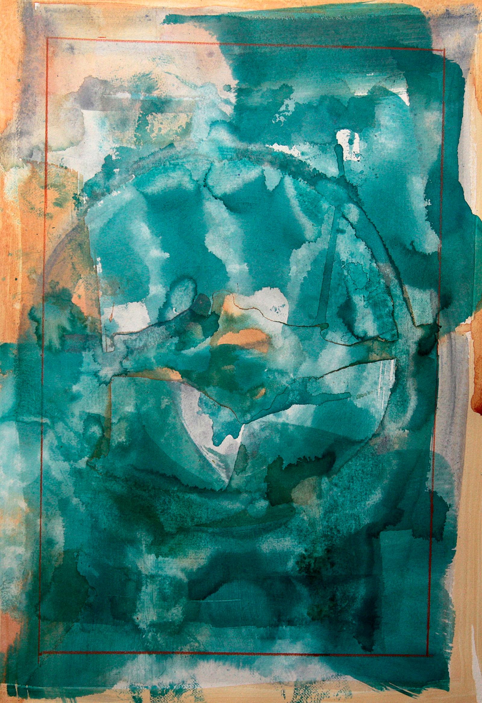  “Turquoise Terror”, in greens, stained on paper - Painting by Howard Nathenson