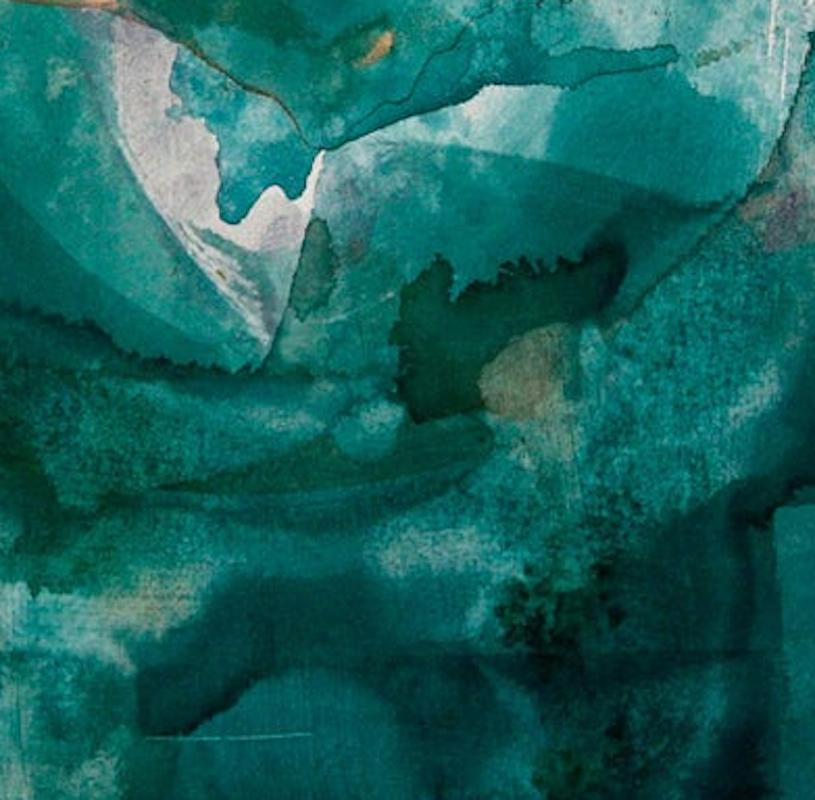 Turquoise Terror, in greens, is from an ongoing series of stained paint into paper. The artist’s imagery embraces symbolism, photographic realism, and abstraction. Materials may suggest imaginary narratives and  create organic shapes suggestive of