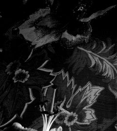 “Lilies, Manikin, Floral Fabric”, digital black and white, still life photograph
