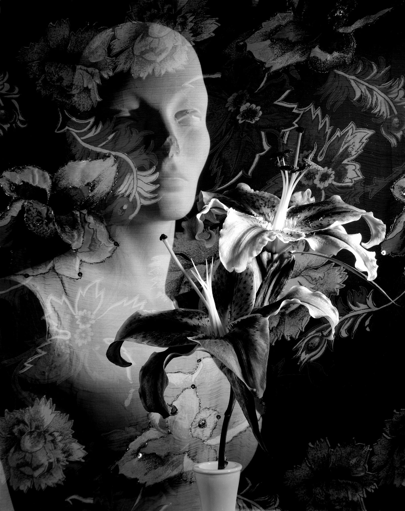 Howard Nathenson Still-Life Photograph - “Lilies, Manikin, Floral Fabric”, digital black and white, still life photograph