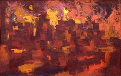 Taos Pueblo, Firelight, New Mexico, Semi Abstract Painting, Red Orange Yellow