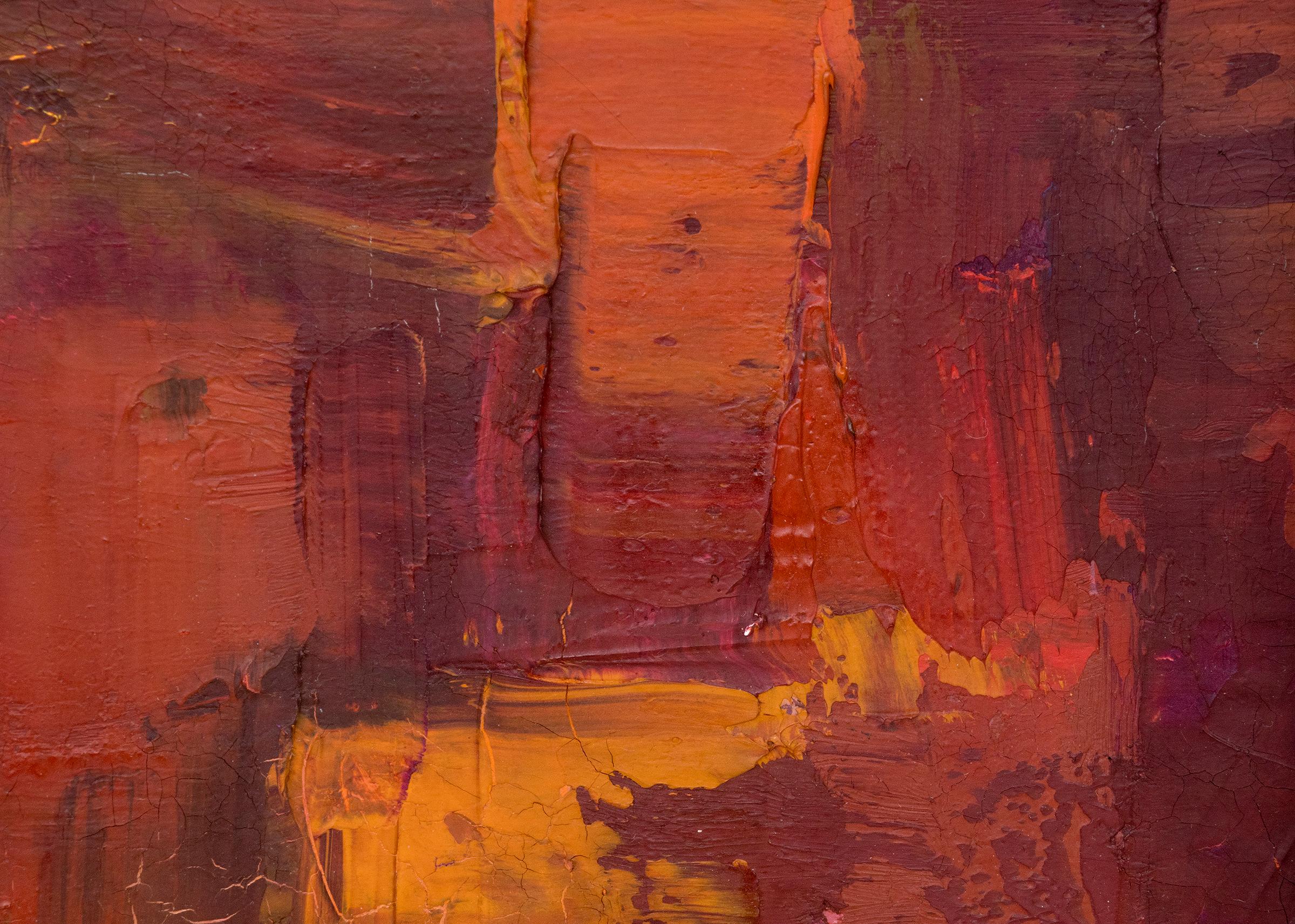 Taos Pueblo, Firelight, New Mexico, Semi Abstract Painting, Red Orange Yellow 1