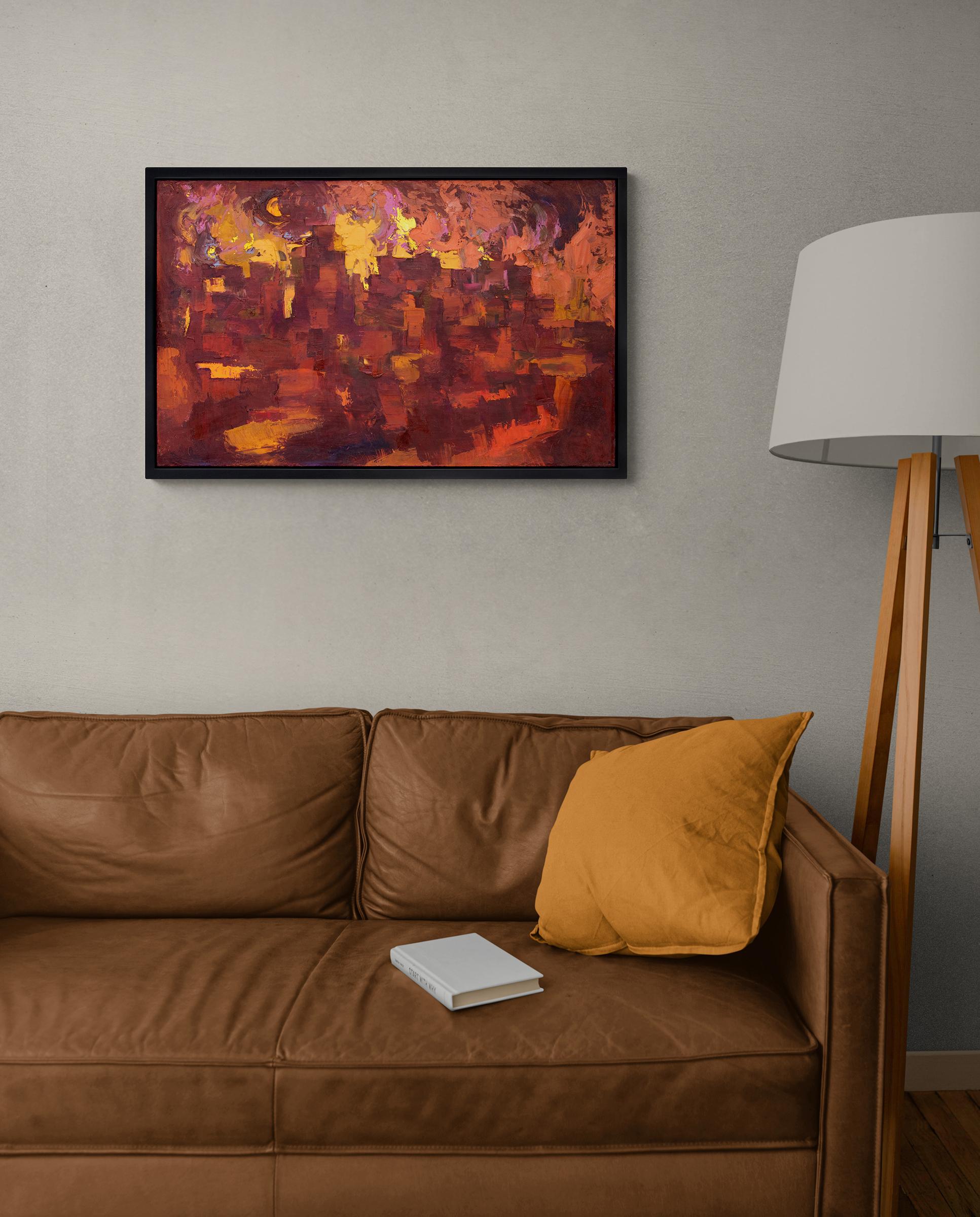 Taos Pueblo, Firelight, New Mexico, Semi Abstract Painting, Red Orange Yellow 3