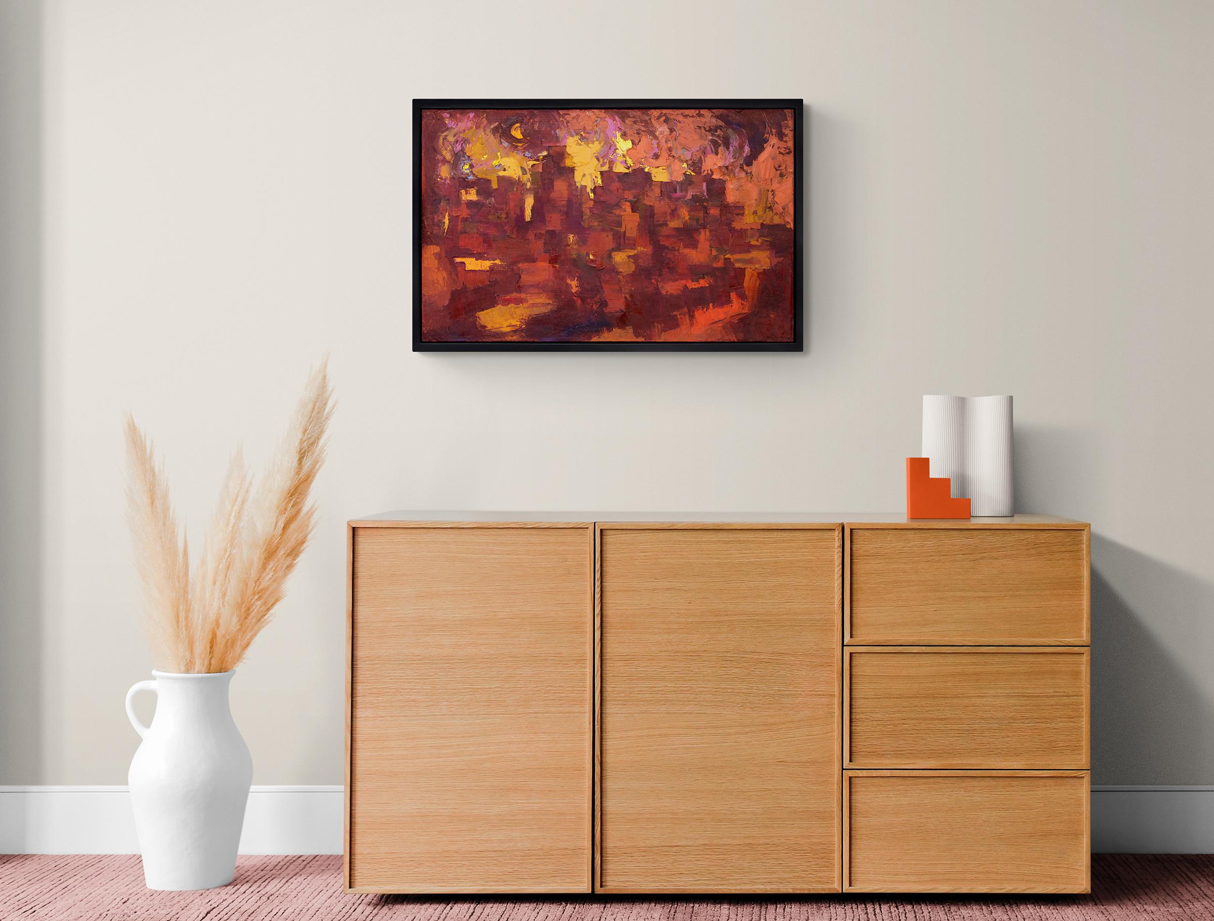 Taos Pueblo, Firelight, New Mexico, Semi Abstract Painting, Red Orange Yellow 6