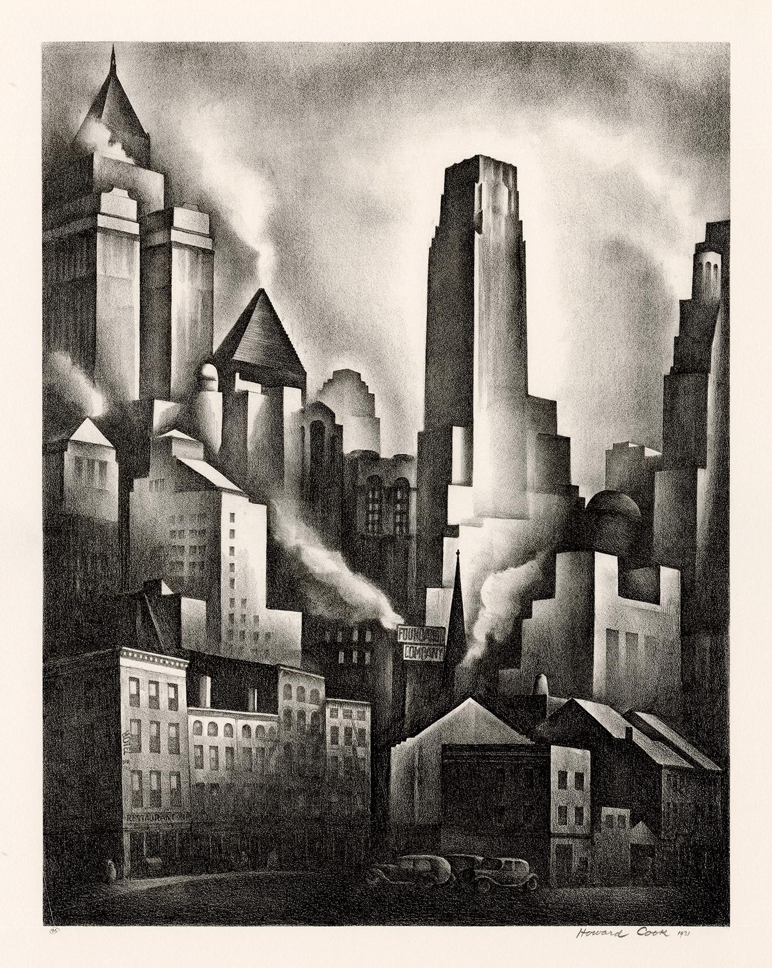 Figurative Print Howard Norton Cook - Financial District", New York - Modernisme américain des années 1930