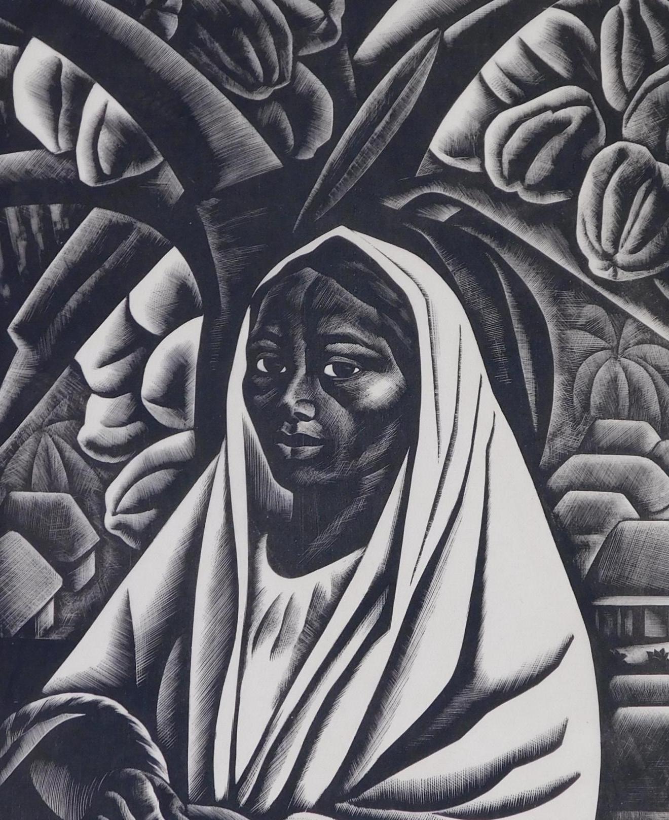 Wonderful wood-engraving by Taos artist Howard Cook (1901-1980).
Titled: “Acapulco Girl (alternate title: Coconut Palm).” Edition: 30. 
Image size: 10 1/16