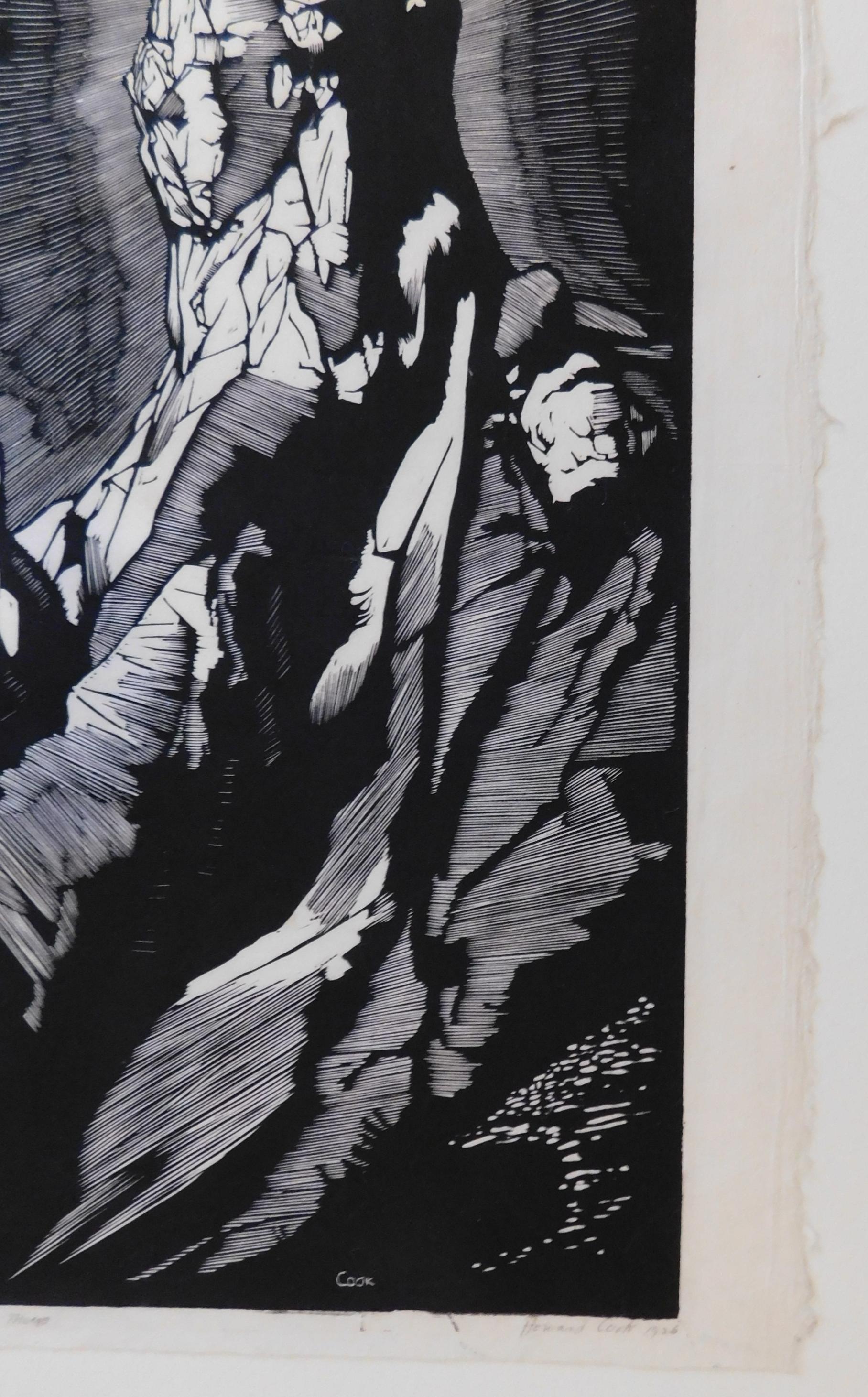 Wonderful woodblock by Taos artist Howard Cook (1901-1980).
Titled: “Giant’s Thumb” (alternate title: Monument Rock).” Edition: 50.
Image size: 14