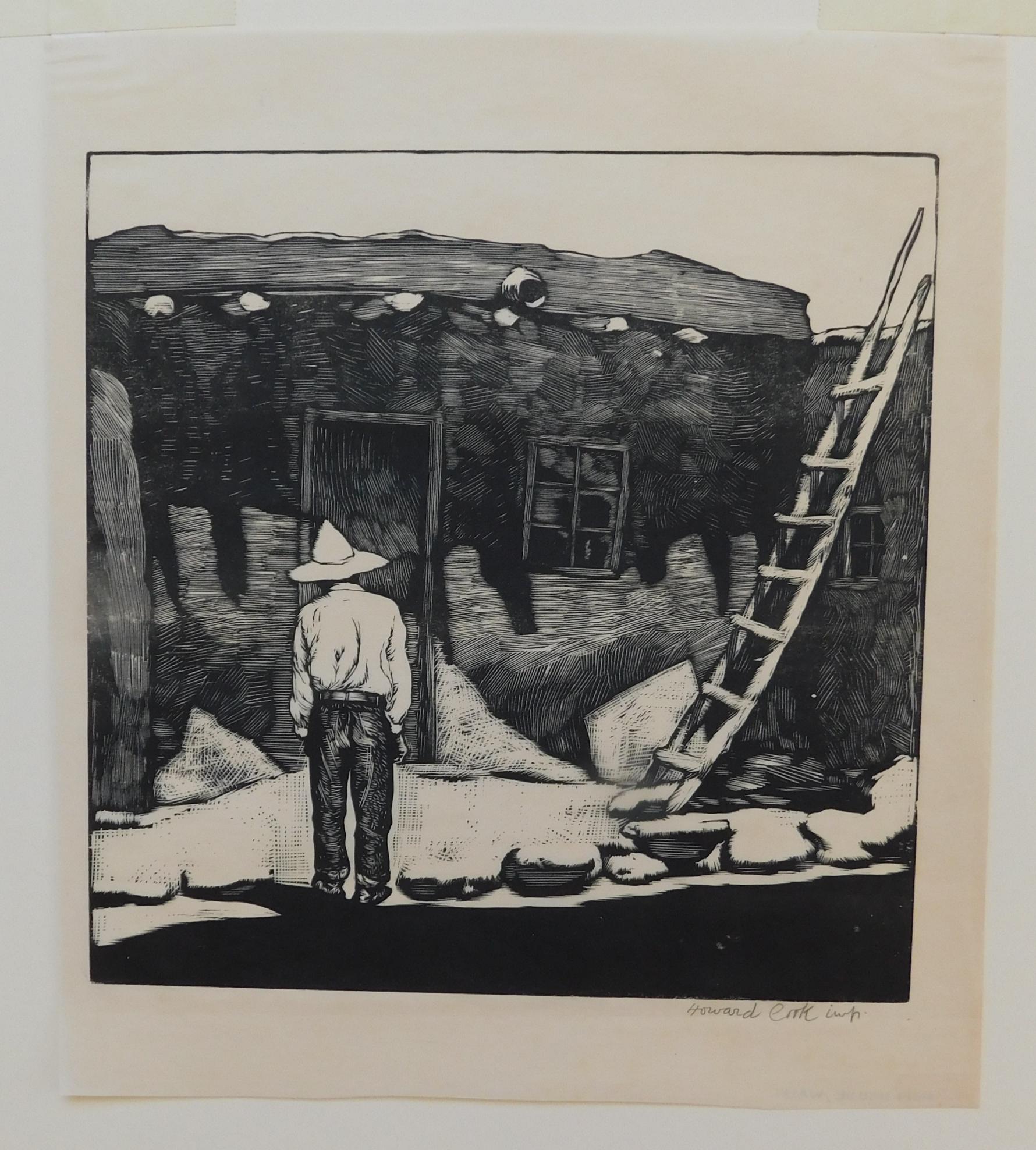 Howard Cook, artista di Taos, xilografia originale, 1927 - Casa Hopi - Print di Howard Norton Cook