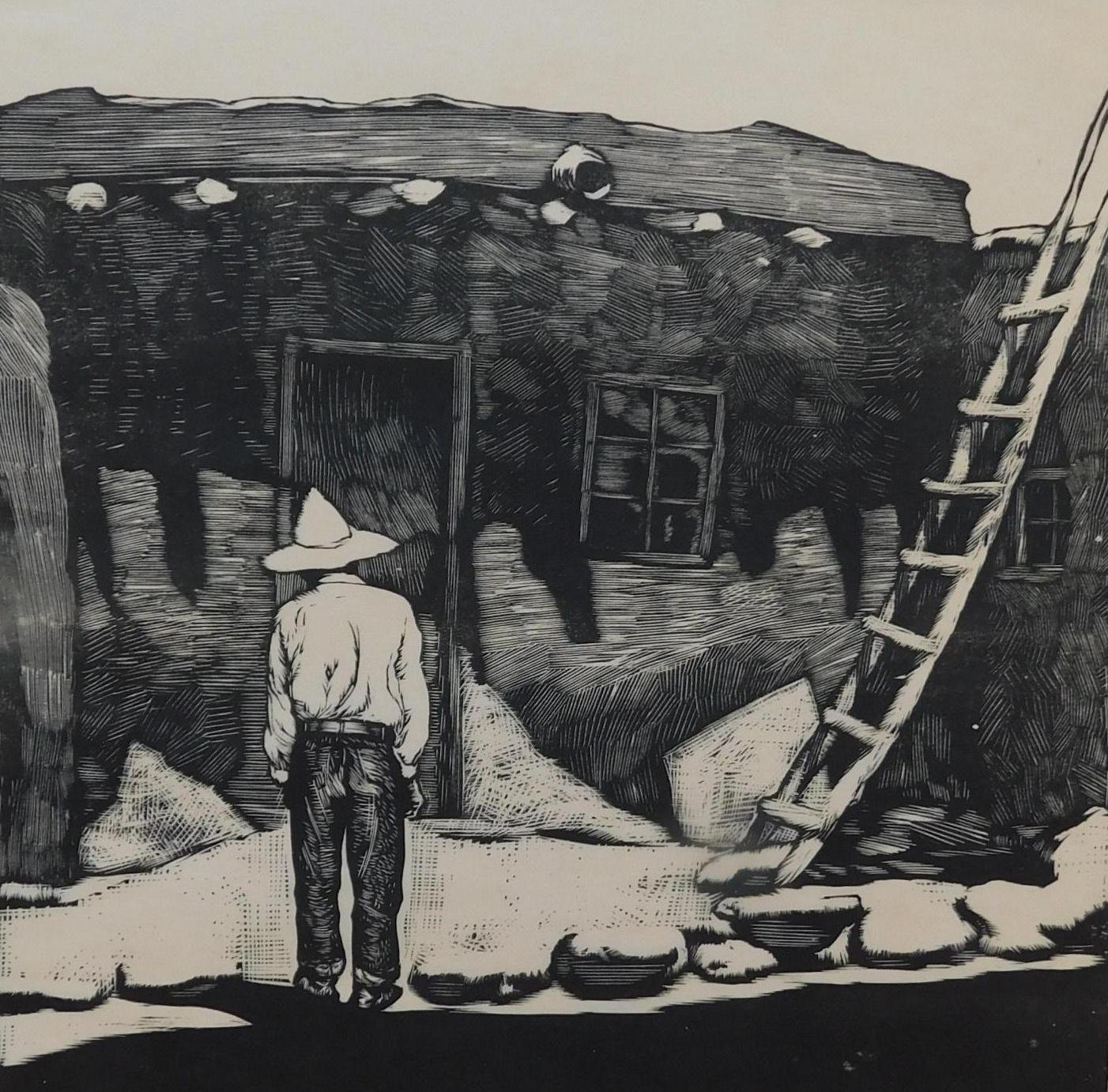 Howard Cook, artista di Taos, xilografia originale, 1927 - Casa Hopi - Landscape Print Nero di Howard Norton Cook