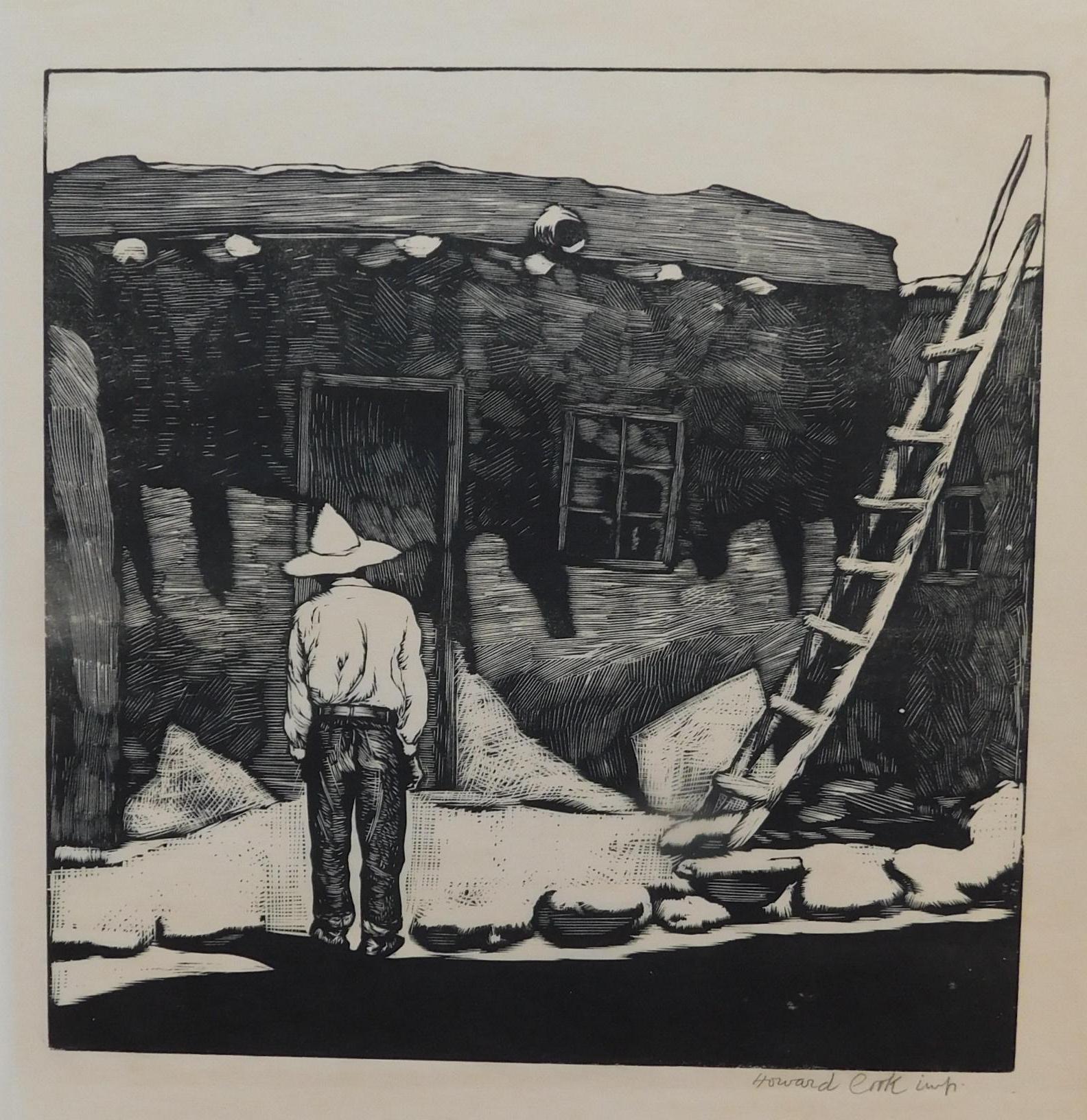 Landscape Print di Howard Norton Cook - Howard Cook, artista di Taos, xilografia originale, 1927 - Casa Hopi