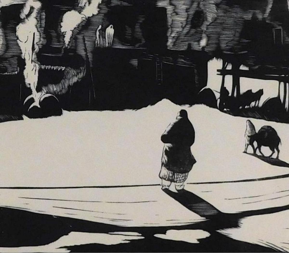 Howard Cook, artista di Taos, xilografia originale, 1927 - Mattina di fumo, Pueblo - Print di Howard Norton Cook