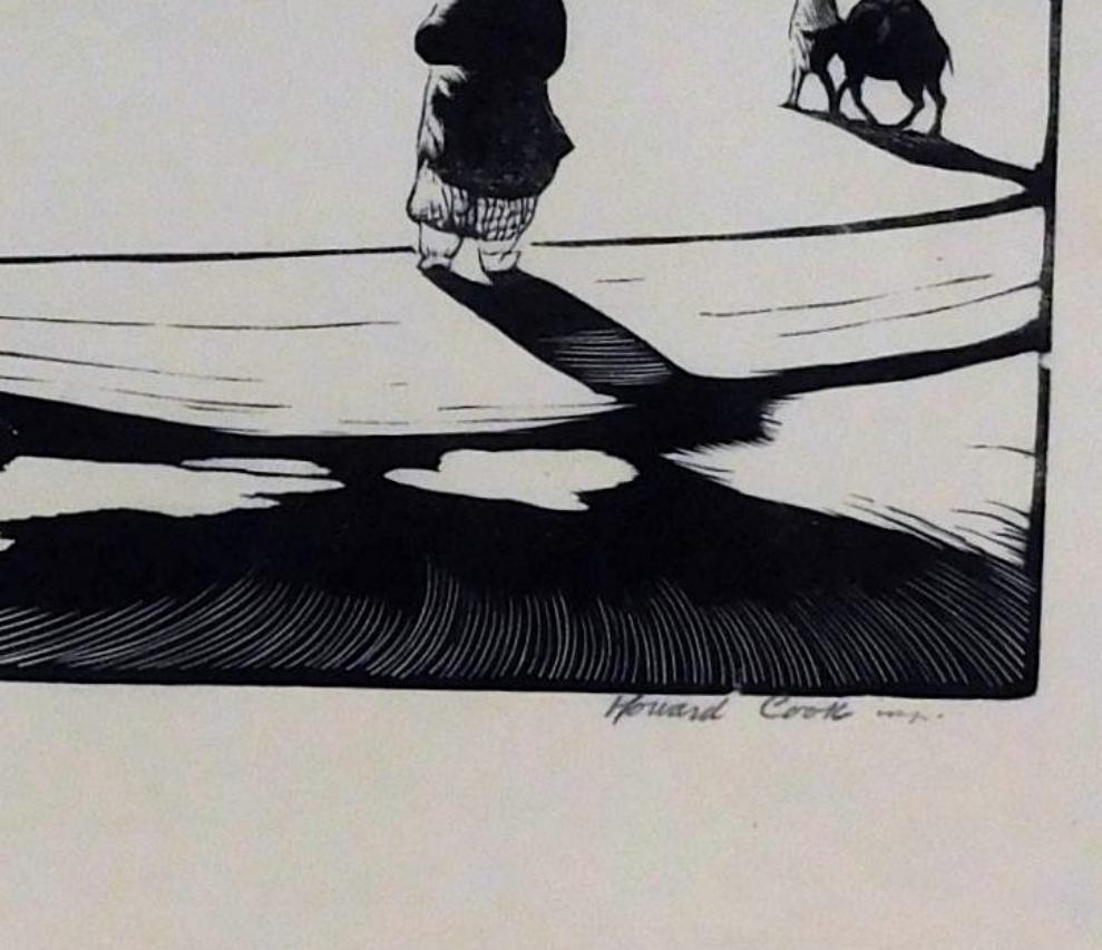 Howard Cook, artista di Taos, xilografia originale, 1927 - Mattina di fumo, Pueblo - Landscape Print Grigio di Howard Norton Cook