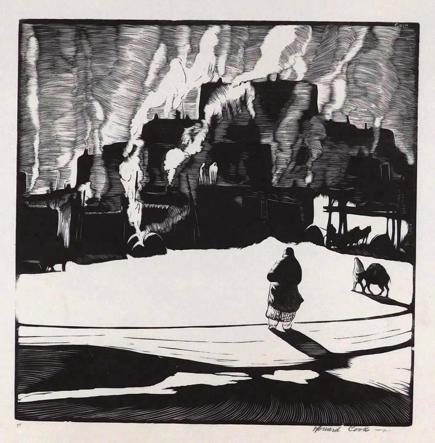 Landscape Print di Howard Norton Cook - Howard Cook, artista di Taos, xilografia originale, 1927 - Mattina di fumo, Pueblo