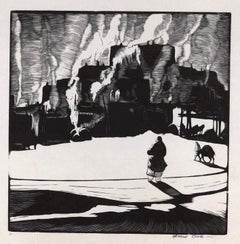 Howard Cook, artista di Taos, xilografia originale, 1927 - Mattina di fumo, Pueblo