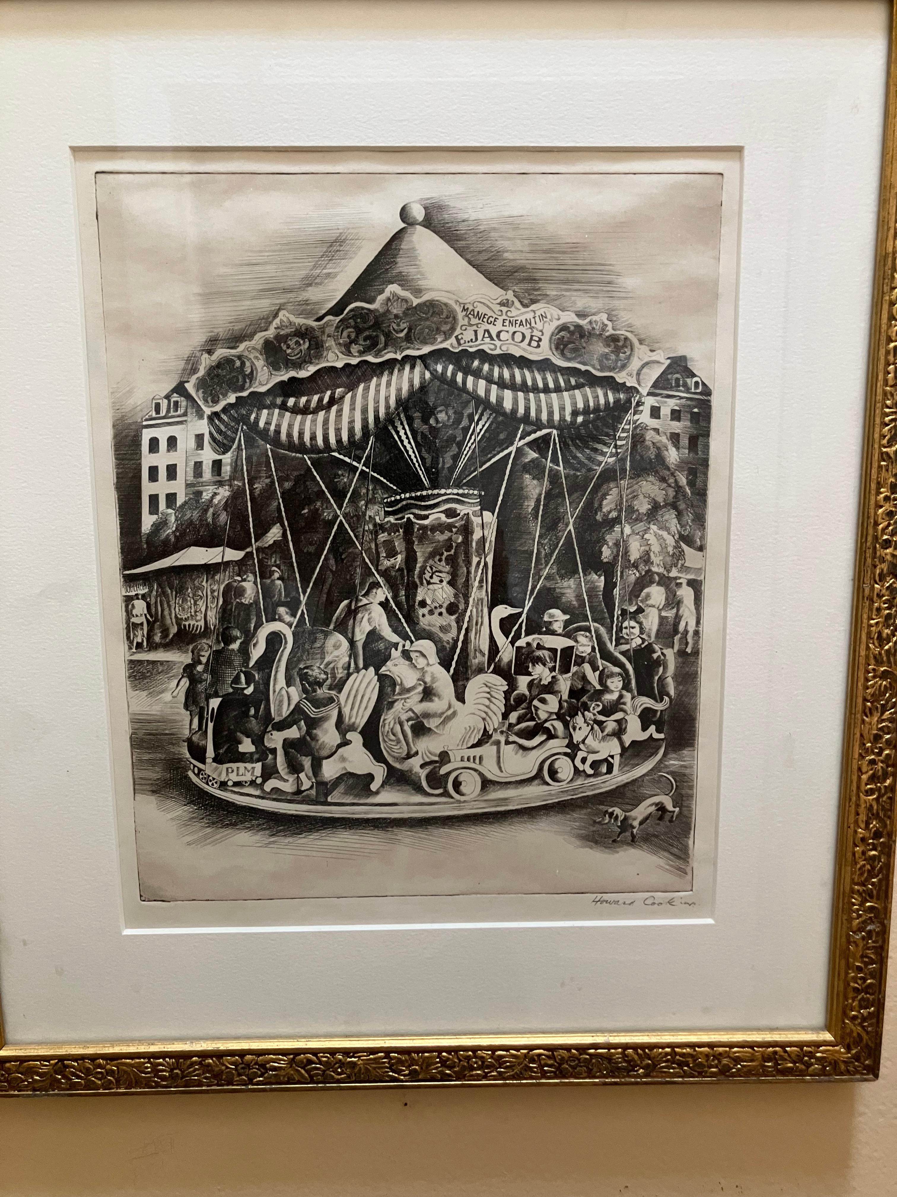 Howard Norton Cook merry-go-round pencil signed etching For Sale 1