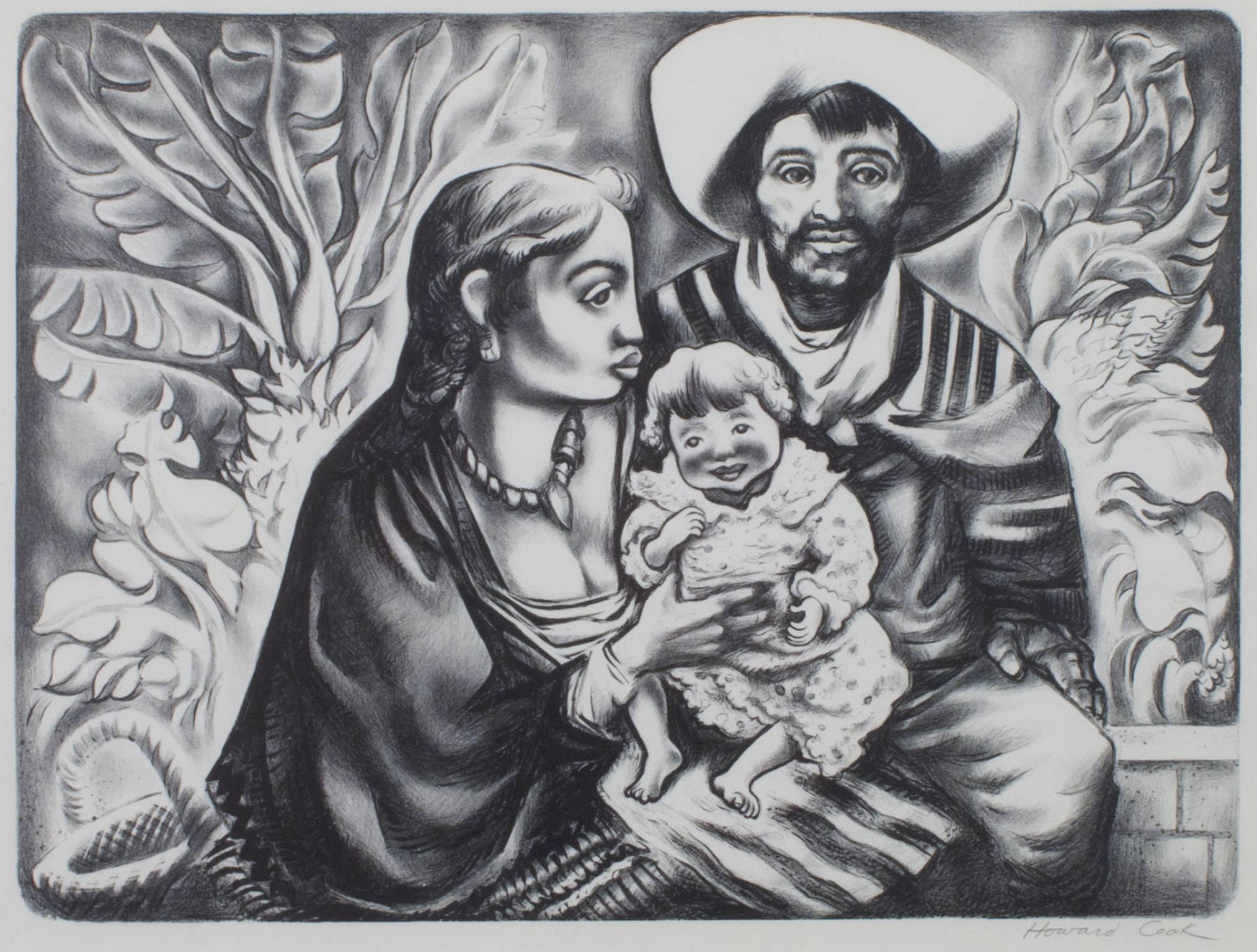 Figurative Print di Howard Norton Cook - "Famiglia messicana", ritratto di famiglia in litografia in bianco e nero