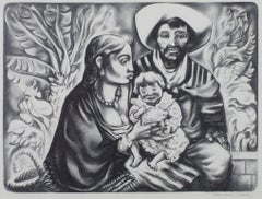 "Mexican Family," Black & White Lithograph Family Portrait signed by Howard Cook