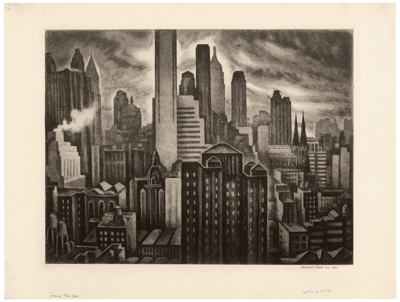 'Soaring New York' — 1930s American Modernism, New York City - Print by Howard Norton Cook