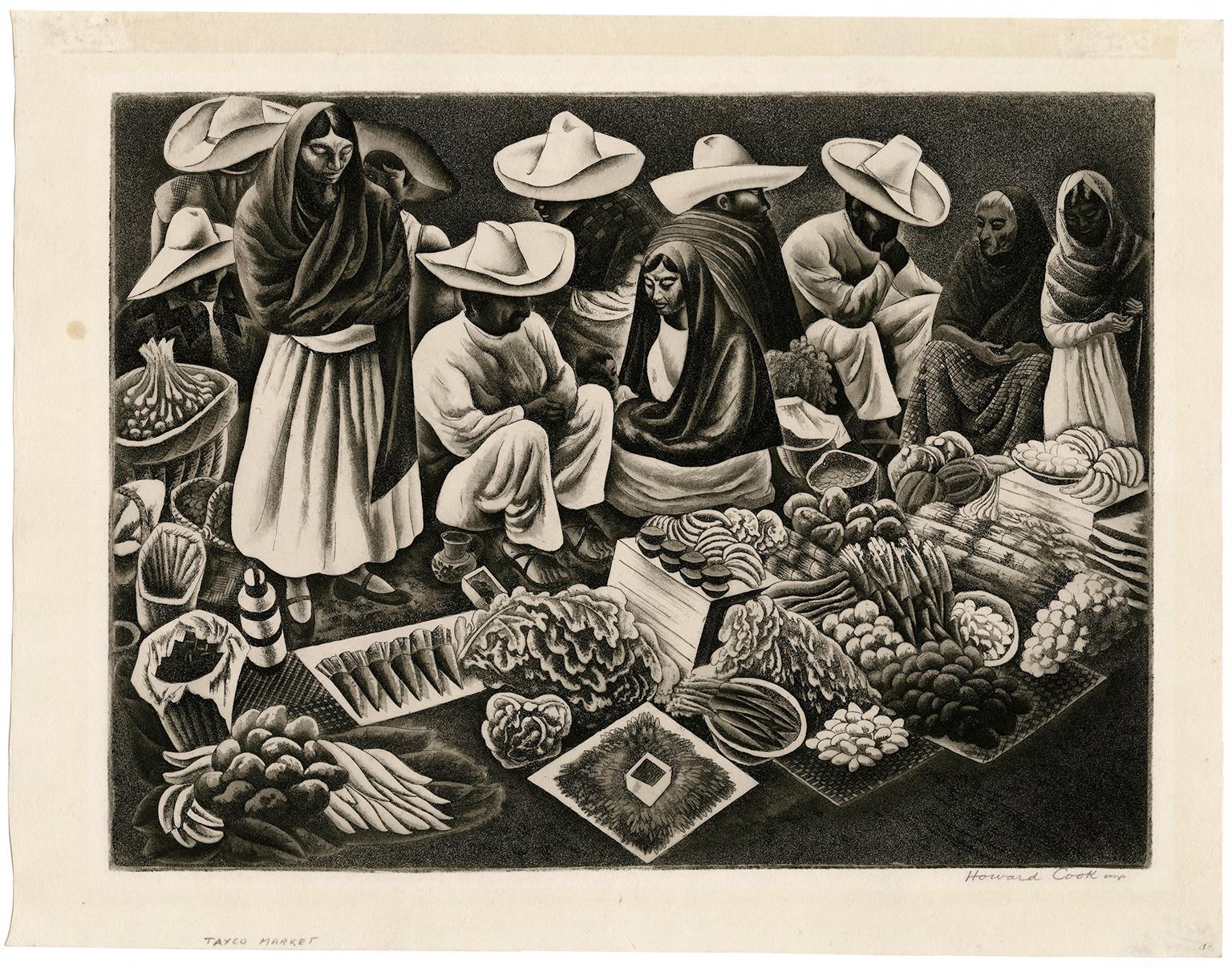'Taxco Market' — 1930s Rare American Modernist Scene of Mexico - Print by Howard Norton Cook
