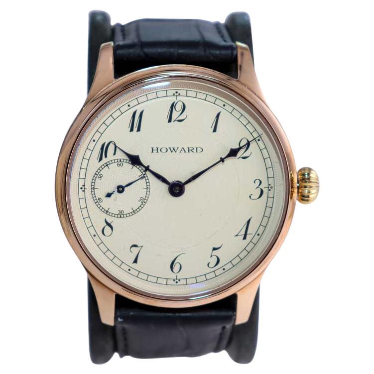FACTORY / HOUSE: Howard Watch Company
STYLE / REFERENCE: Oversized Wrist Watch 
METAL / MATERIAL: Yellow Gold Filled
CIRCA / YEAR: 1925
DIMENSIONS / SIZE:  Length 52mm X Diameter 44mm
MOVEMENT / CALIBER: Manual Winding / 21 Jewels High Grade
DIAL /