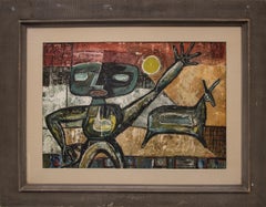 Fetishes, 1940s Abstract Figurative Southwestern Mixed Media Painting, Red Gray