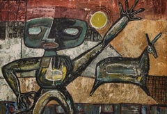 1940 Pintura abstracta figurativa del suroeste en técnica mixta 'Fetiches' Rojo Gris