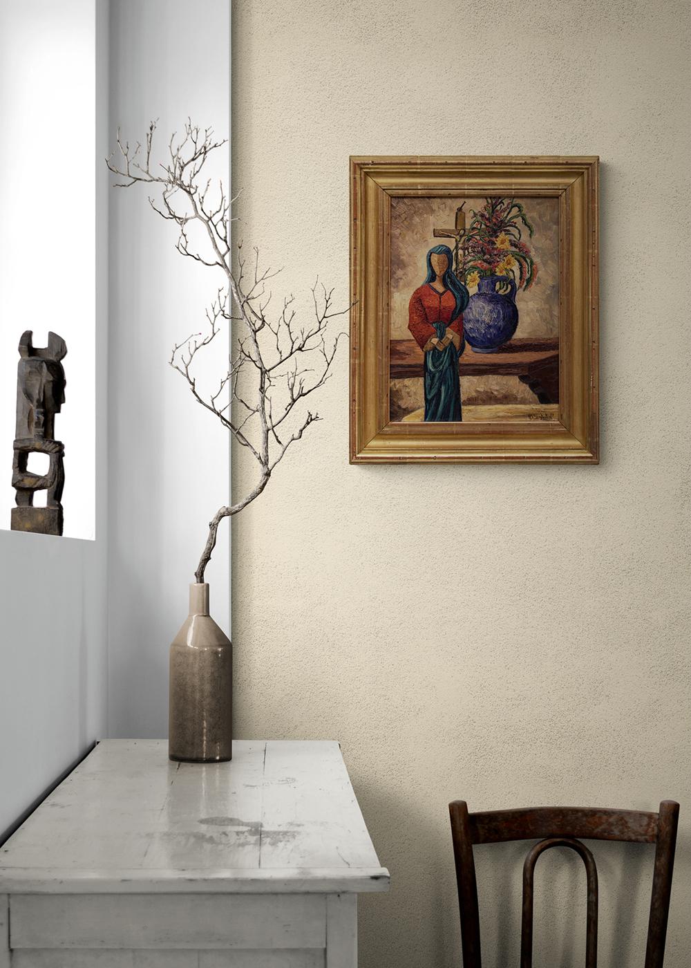 Das Original-Ölgemälde des Modernisten Howard Schleeter (1903-1976) aus New Mexico aus dem Jahr 1939, Madonna of the Picture, zeigt ein Santo der Jungfrau Maria, ein Blumenstillleben in einer Vase und ein Kruzifix. Es wird in einem handgeschnitzten
