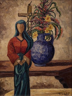 Madonna of the Picture, 1930s Framed Figural Devotional New Mexico Oil Painting