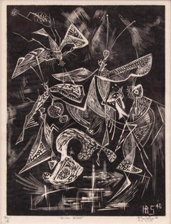 Glow Bugs, 6/30, 1940s American Modern Abstract Woodblock Woodcut Print