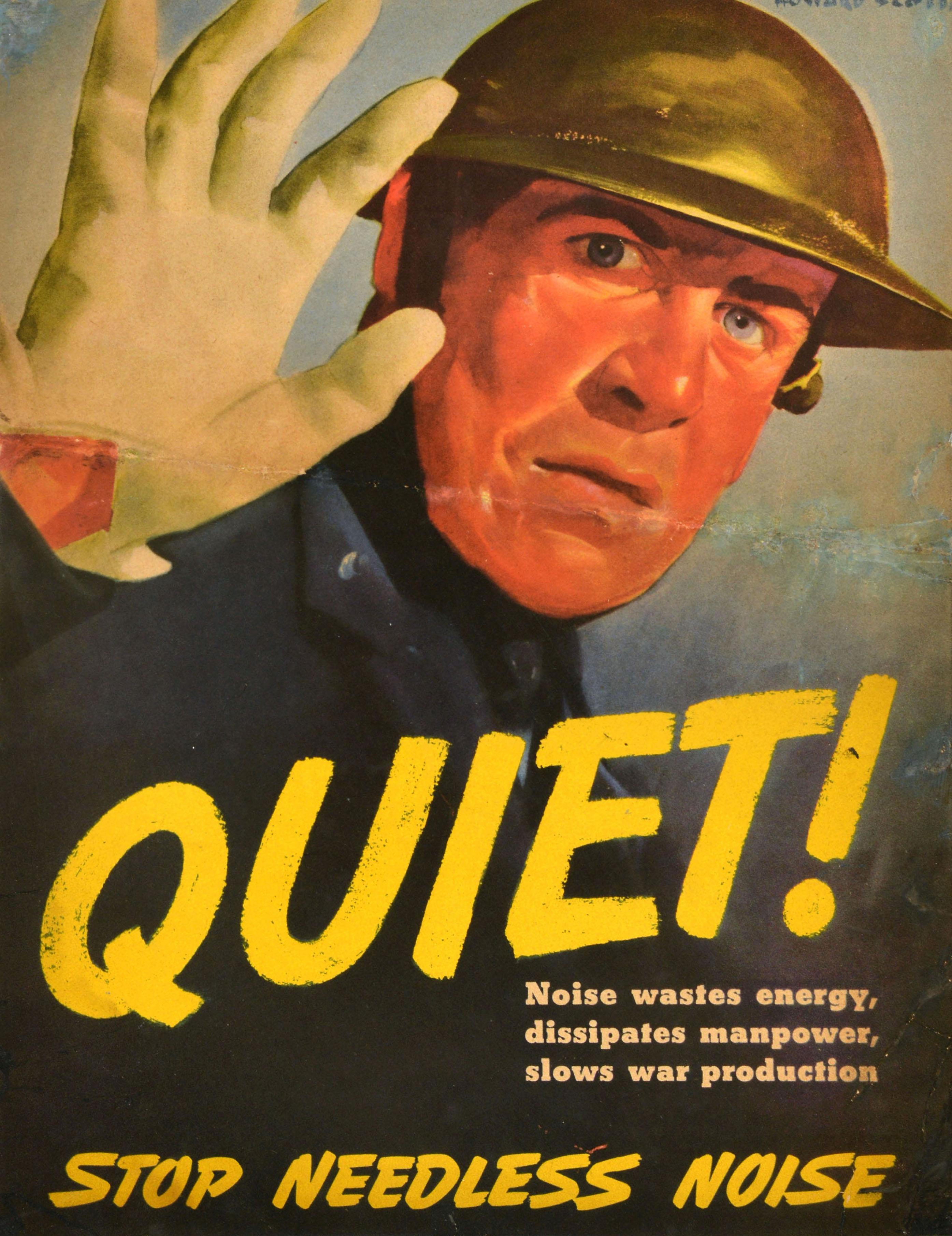 Original Vintage War Propaganda Poster Quiet Stop Needless Noise WWII Soldier