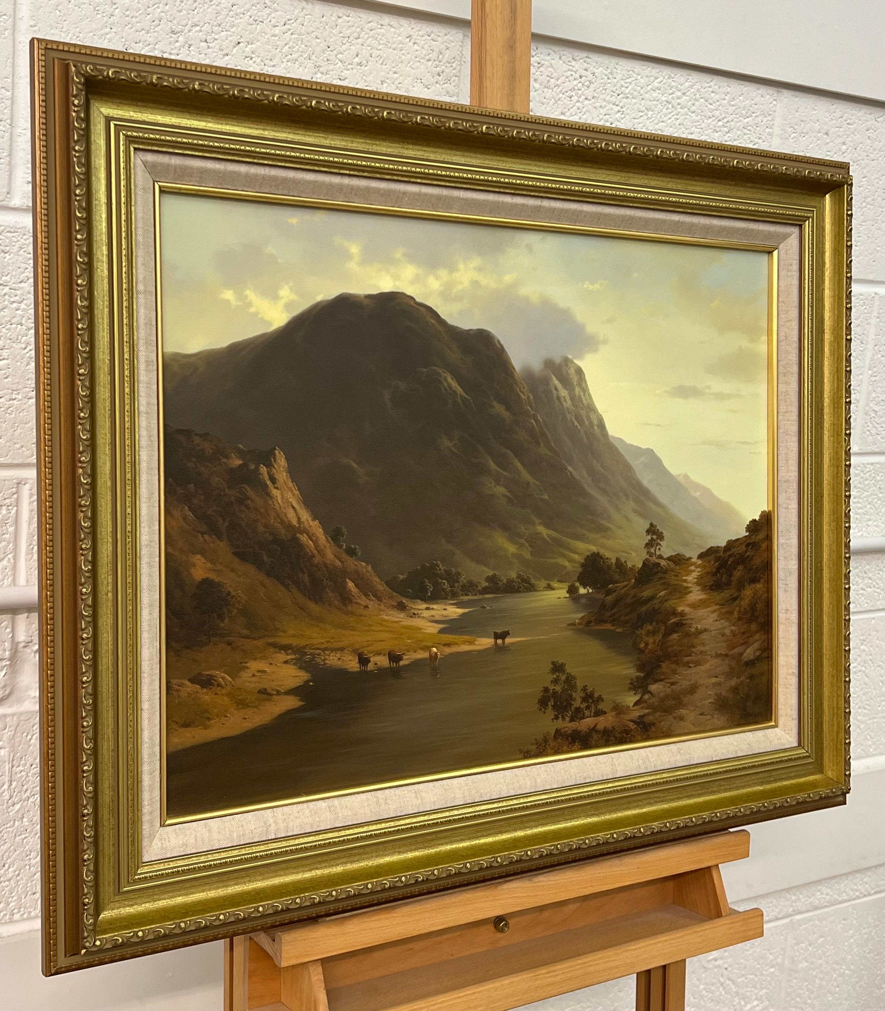 Cattle drinking water from a Loch in the Mountains of the Scottish Highlands - Painting by Howard Shingler