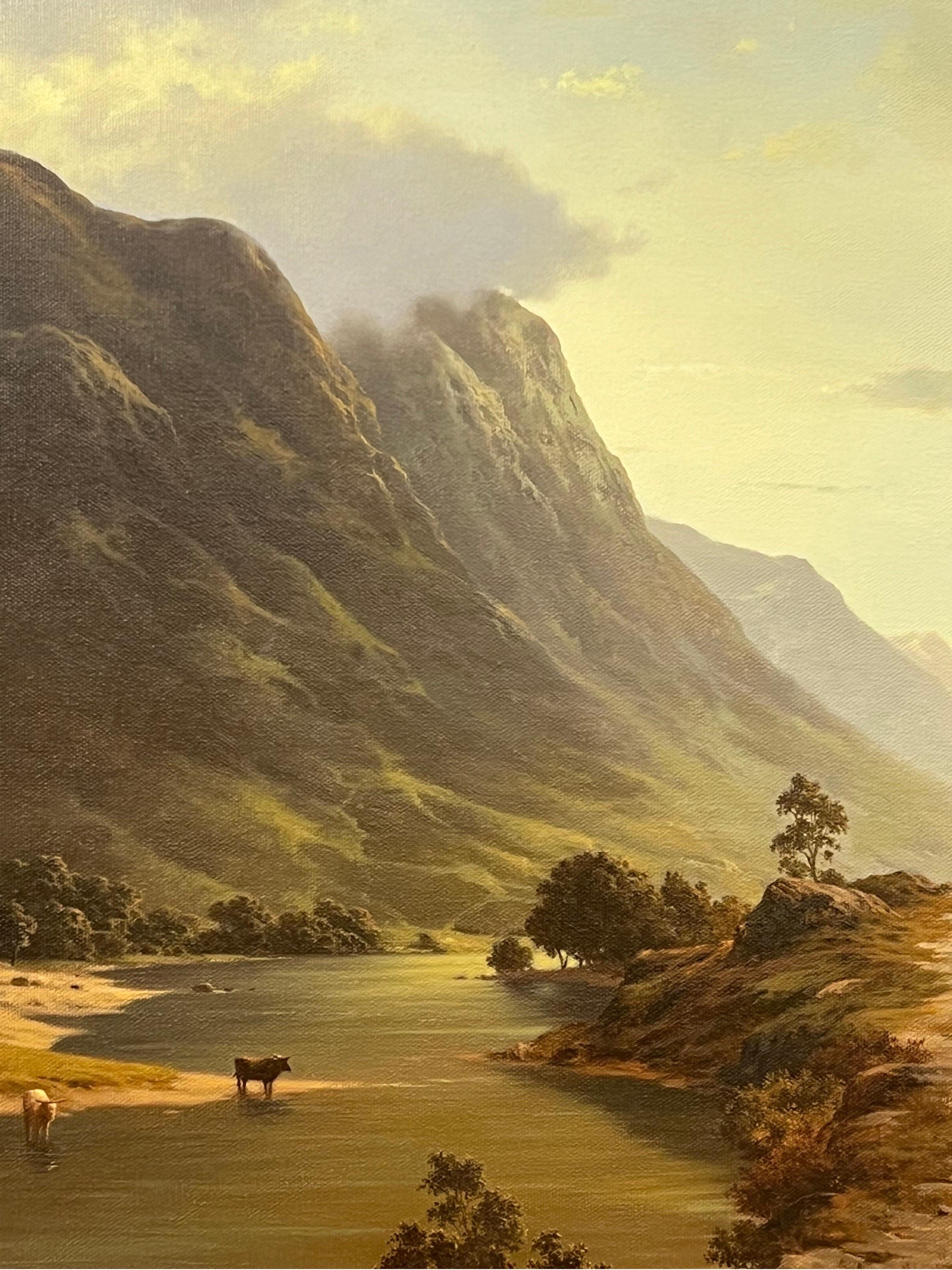 Cattle drinking water from a Loch in the Mountains of the Scottish Highlands - Realist Painting by Howard Shingler