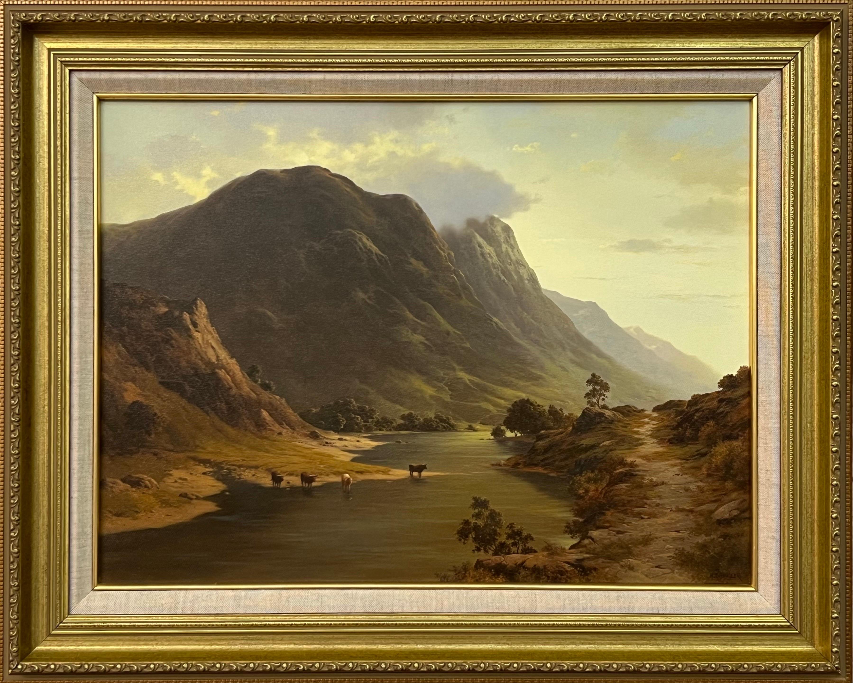 Howard Shingler Landscape Painting - Cattle drinking water from a Loch in the Mountains of the Scottish Highlands
