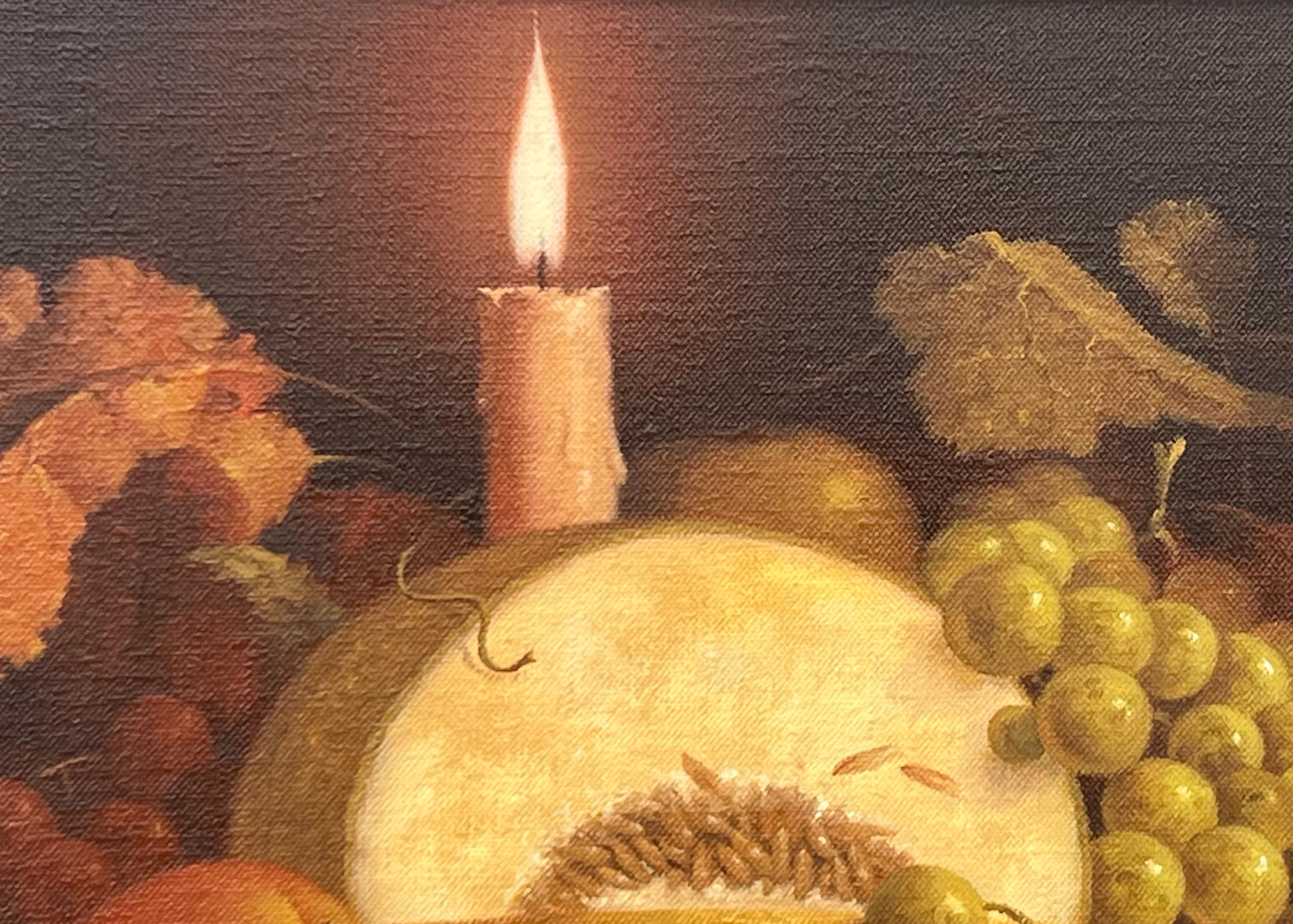 Nature morte d'intérieur traditionnelle, peinture à l'huile de fruits et de bougies par un artiste britannique en vente 6