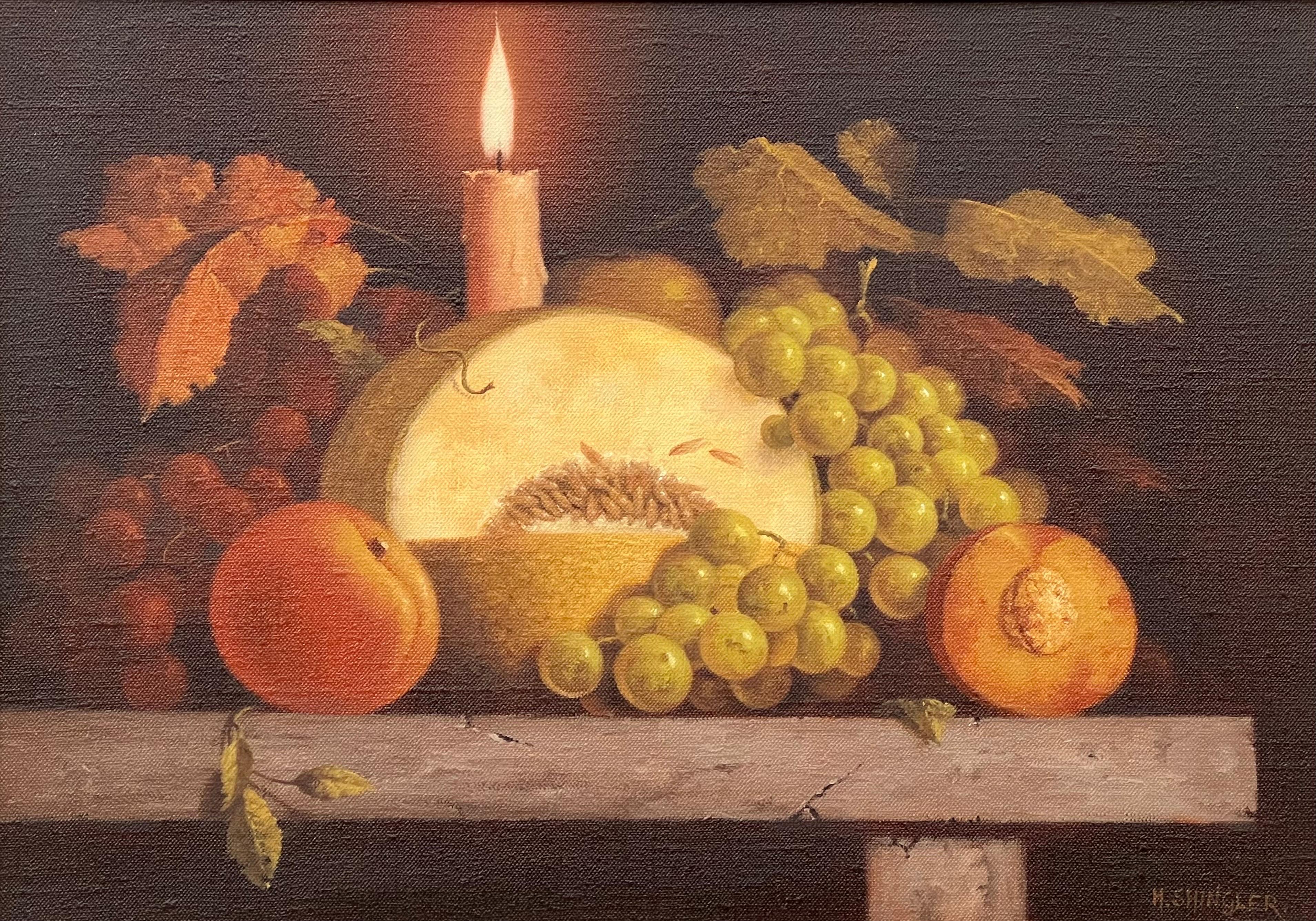 Traditionelles Interieur-Stillleben, Ölgemälde von Obst und Kerze des britischen Künstlers im Angebot 4