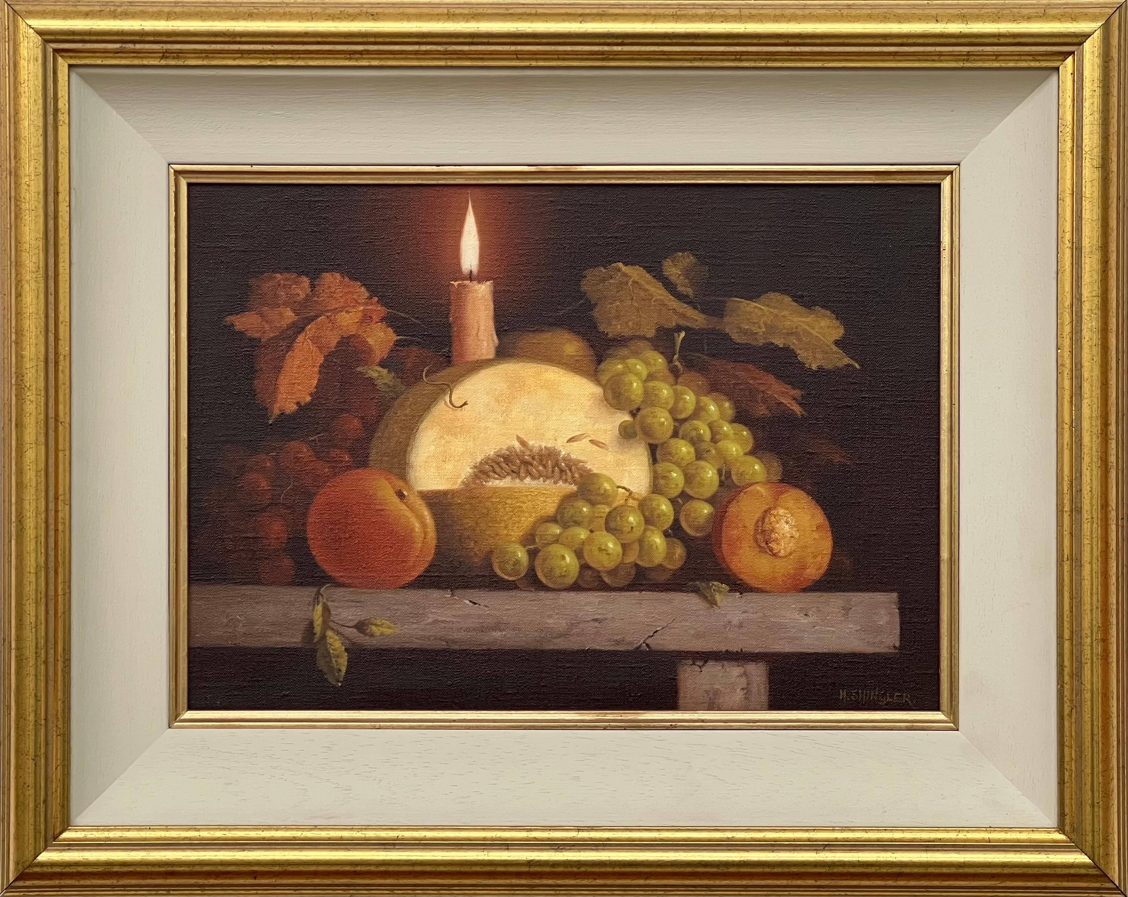 Traditional Interior Still Life Oil Painting of Fruit & Candle by British Artist