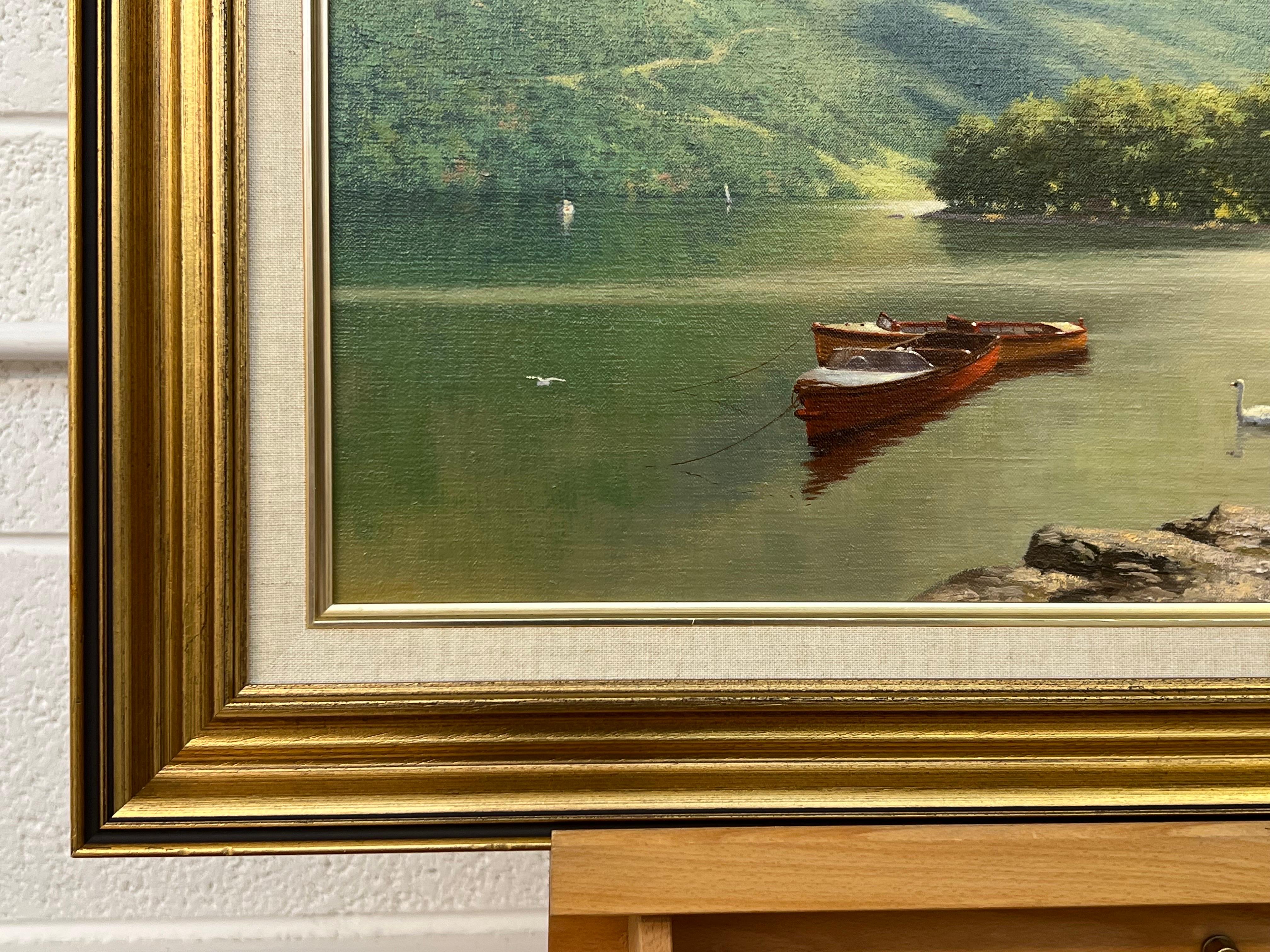 Tranquil Lake Scene with Boats & Swan in the Mountains of the Scottish Highlands For Sale 8
