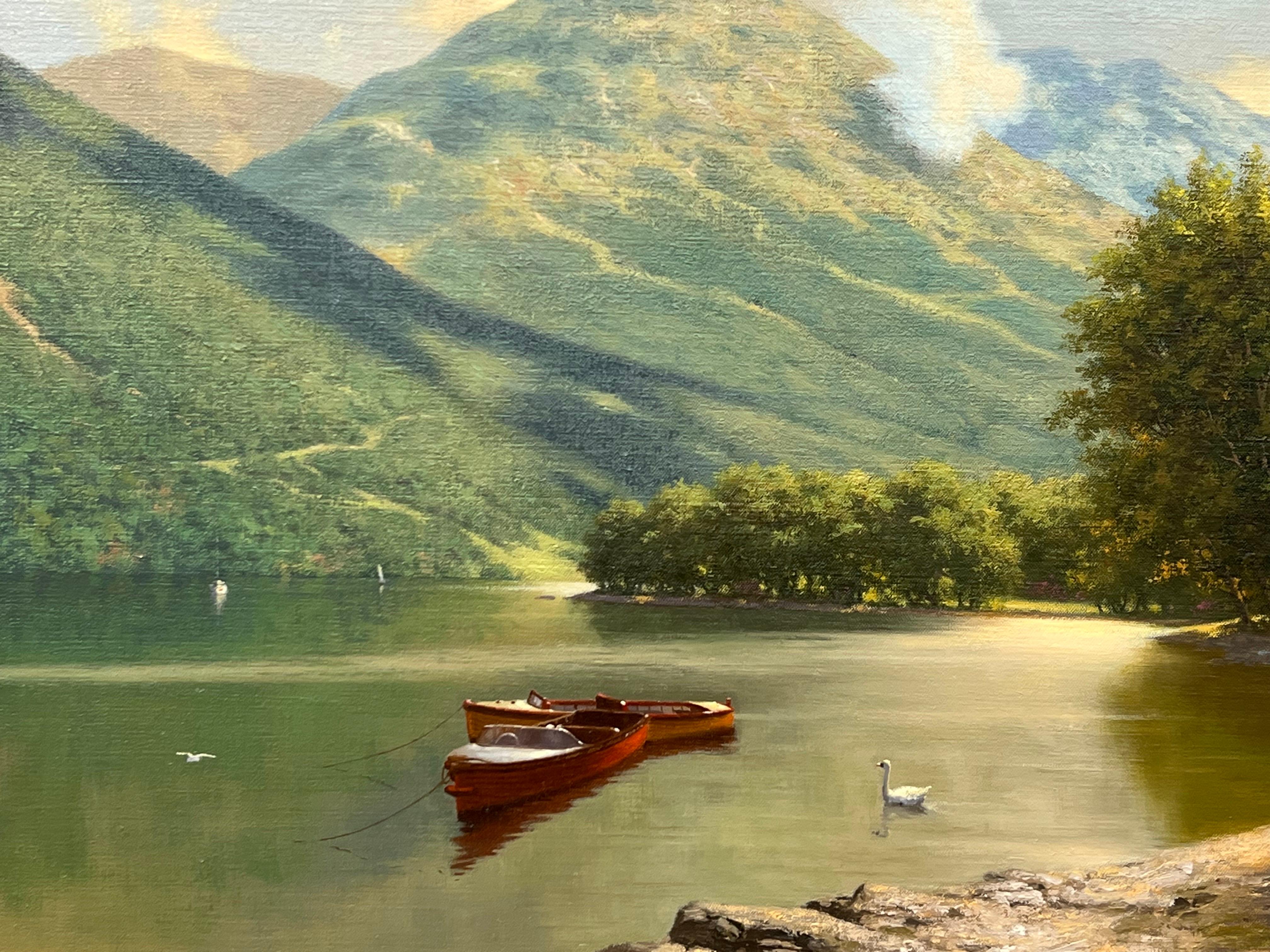 Tranquil Lake Scene with Boats & Swan in the Mountains of the Scottish Highlands For Sale 11