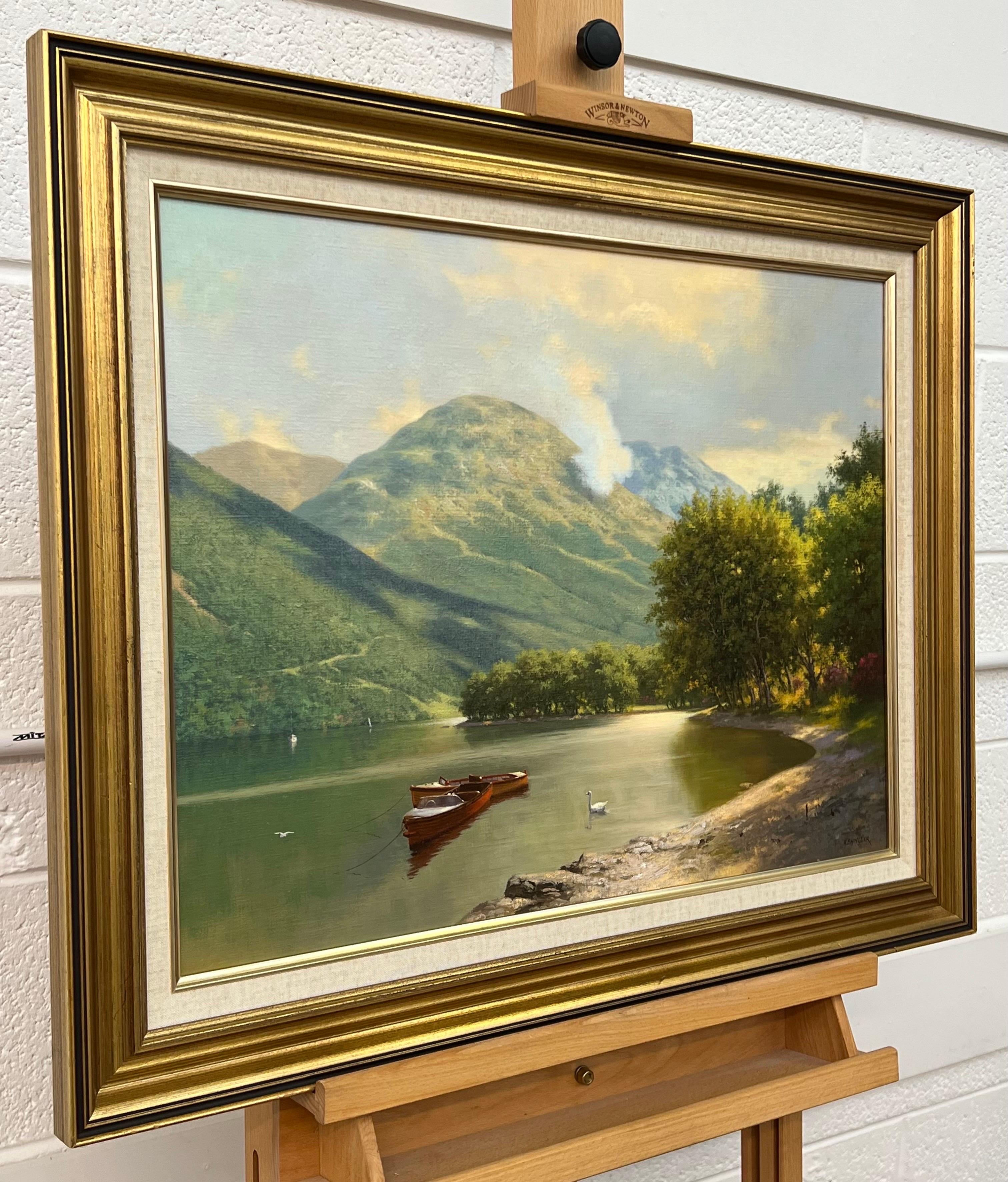Tranquil Lake Scene with Boats & Swan in the Mountains of the Scottish Highlands - Painting by Howard Shingler