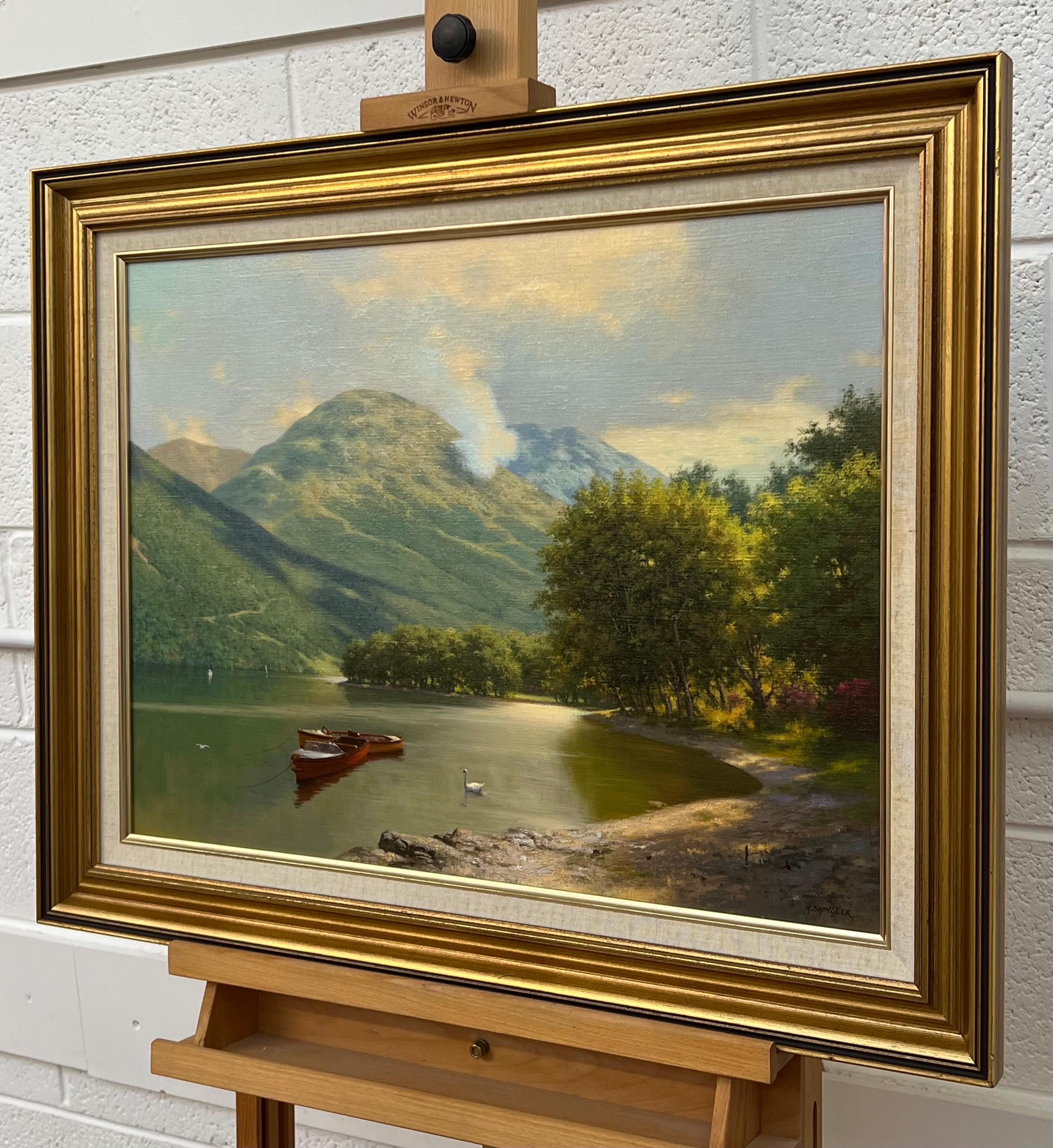 Tranquil Lake Scene with Boats & Swan in the Mountains of the Scottish Highlands - Realist Painting by Howard Shingler