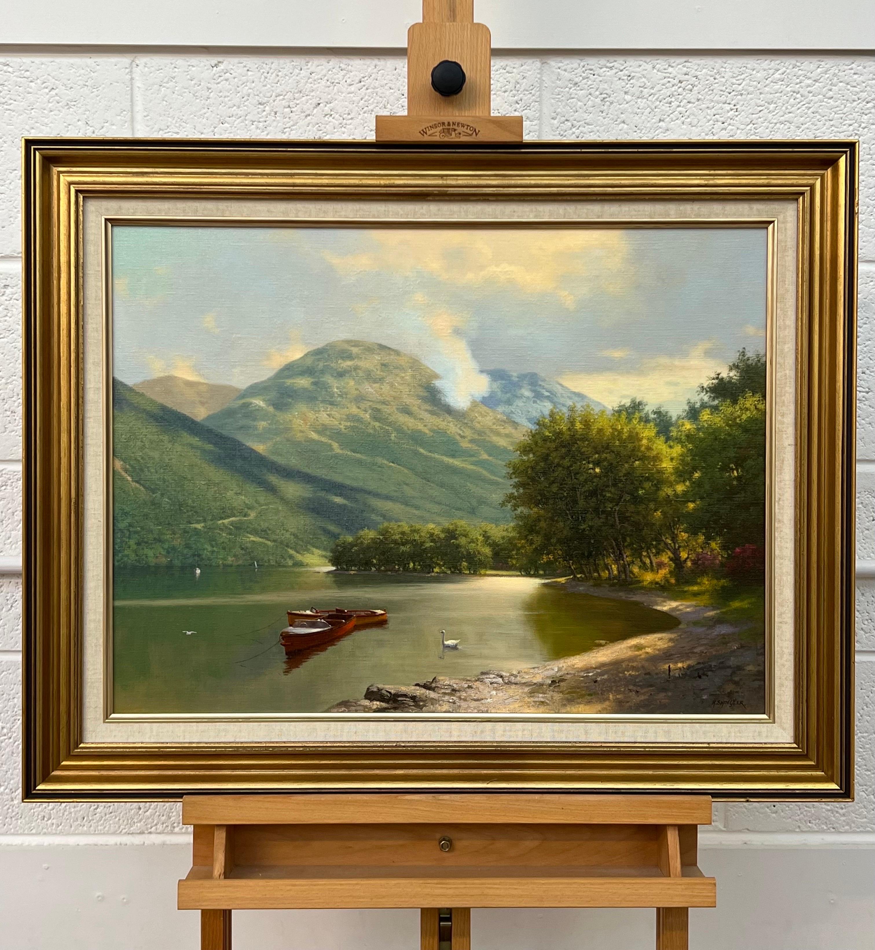 Tranquil Lake Scene with Boats & Swan in the Mountains of the Scottish Highlands by 20th Century British Landscape Artist, Howard Shingler.

Art measures 24 x 18 inches
Frame measures 30 x 24 inches

This painting depicts a tranquil lakeside scene