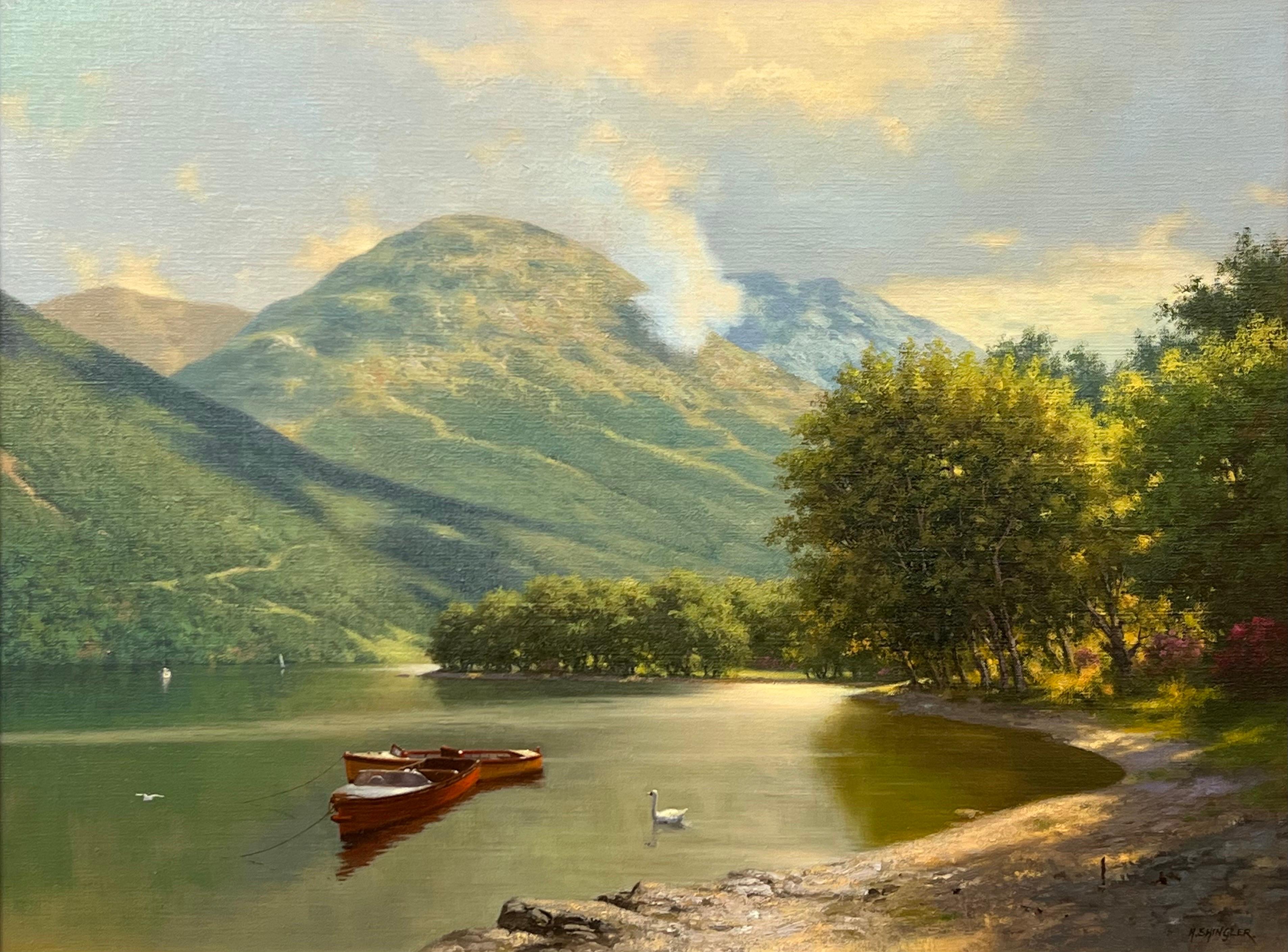 Tranquil Lake Scene with Boats & Swan in the Mountains of the Scottish Highlands For Sale 2