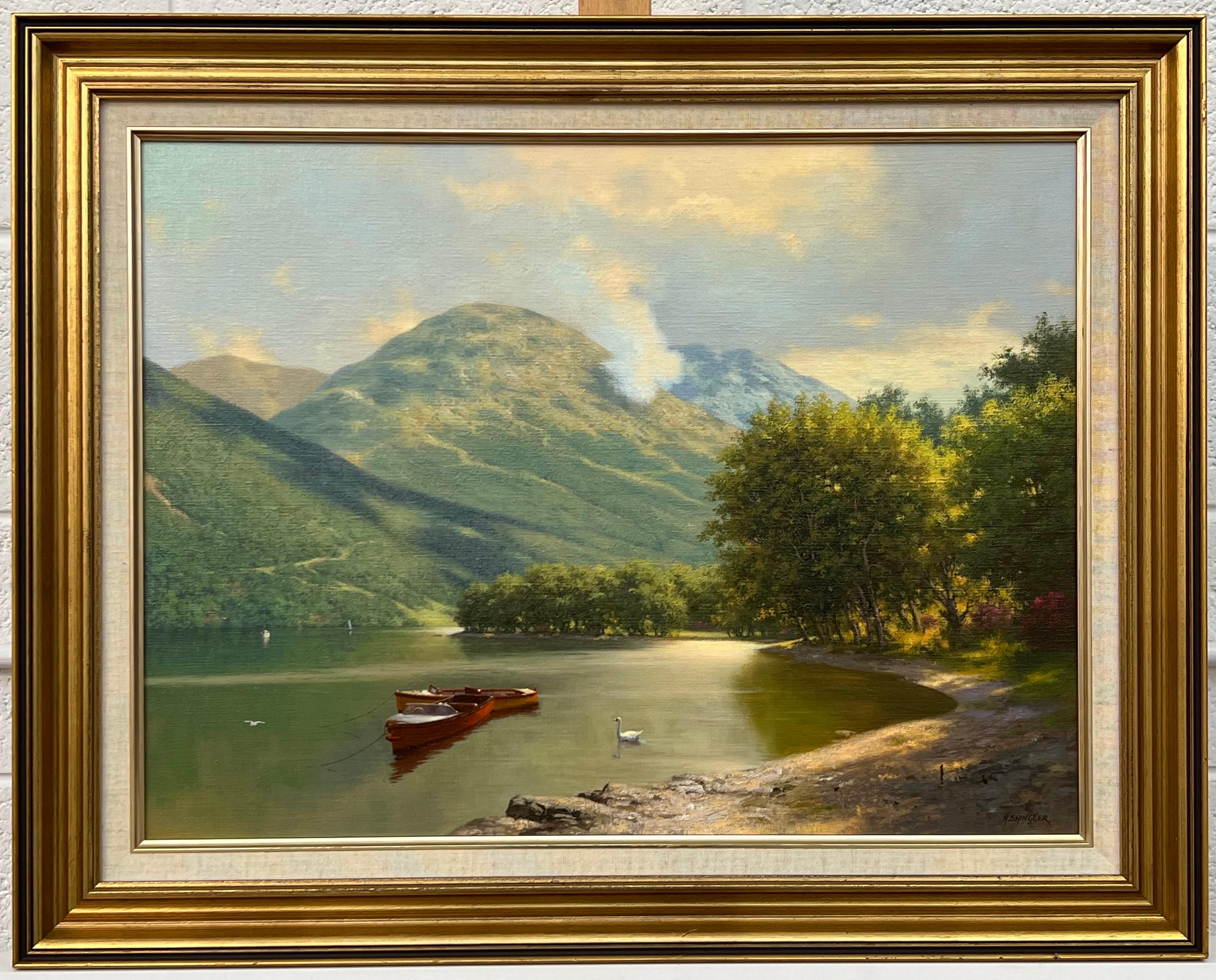 Tranquil Lake Scene with Boats & Swan in the Mountains of the Scottish Highlands For Sale 4