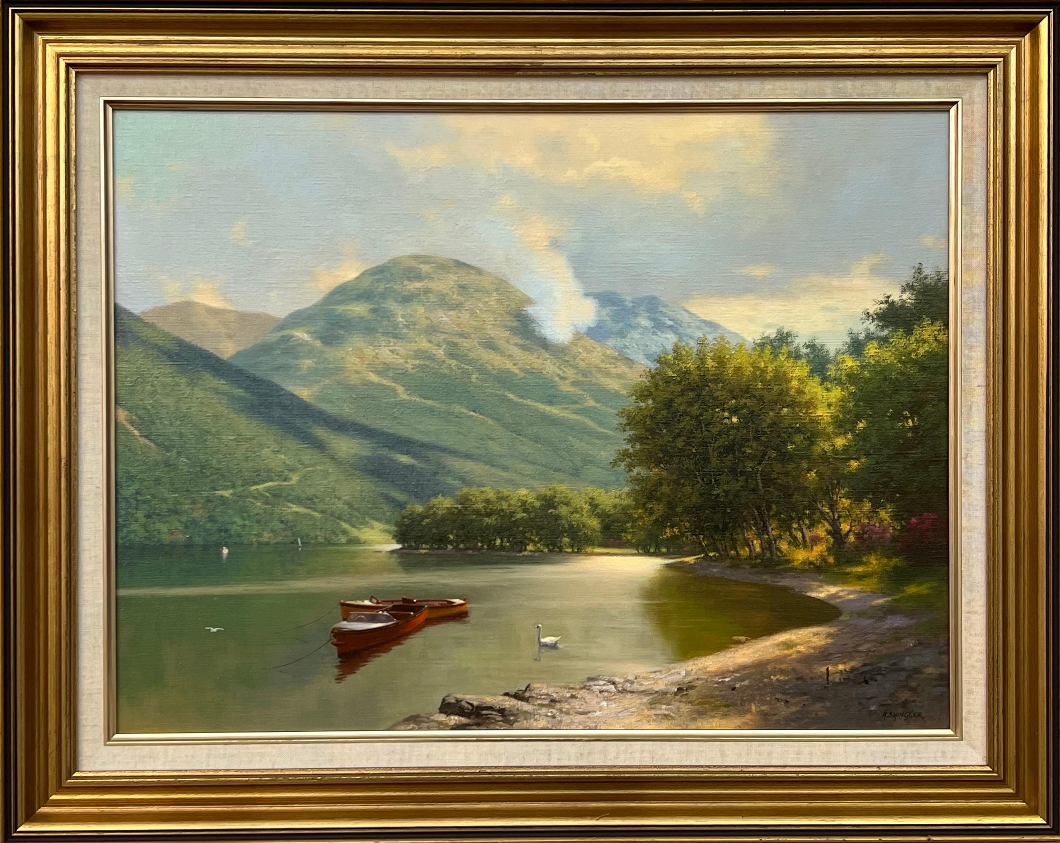 Howard Shingler Animal Painting - Tranquil Lake Scene with Boats & Swan in the Mountains of the Scottish Highlands