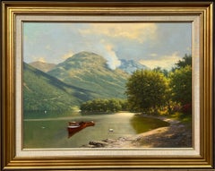 Vintage Tranquil Lake Scene with Boats & Swan in the Mountains of the Scottish Highlands